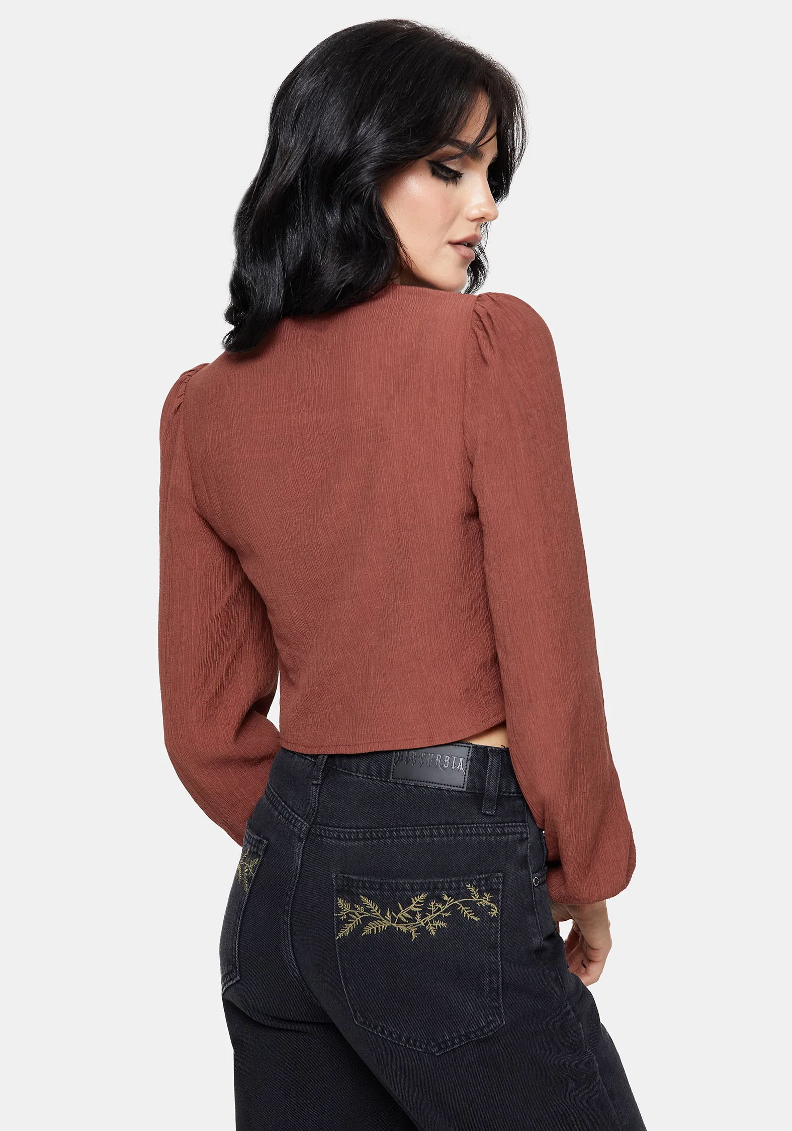Abellona Embroidered Rust Tie Front Blouse - Image 3