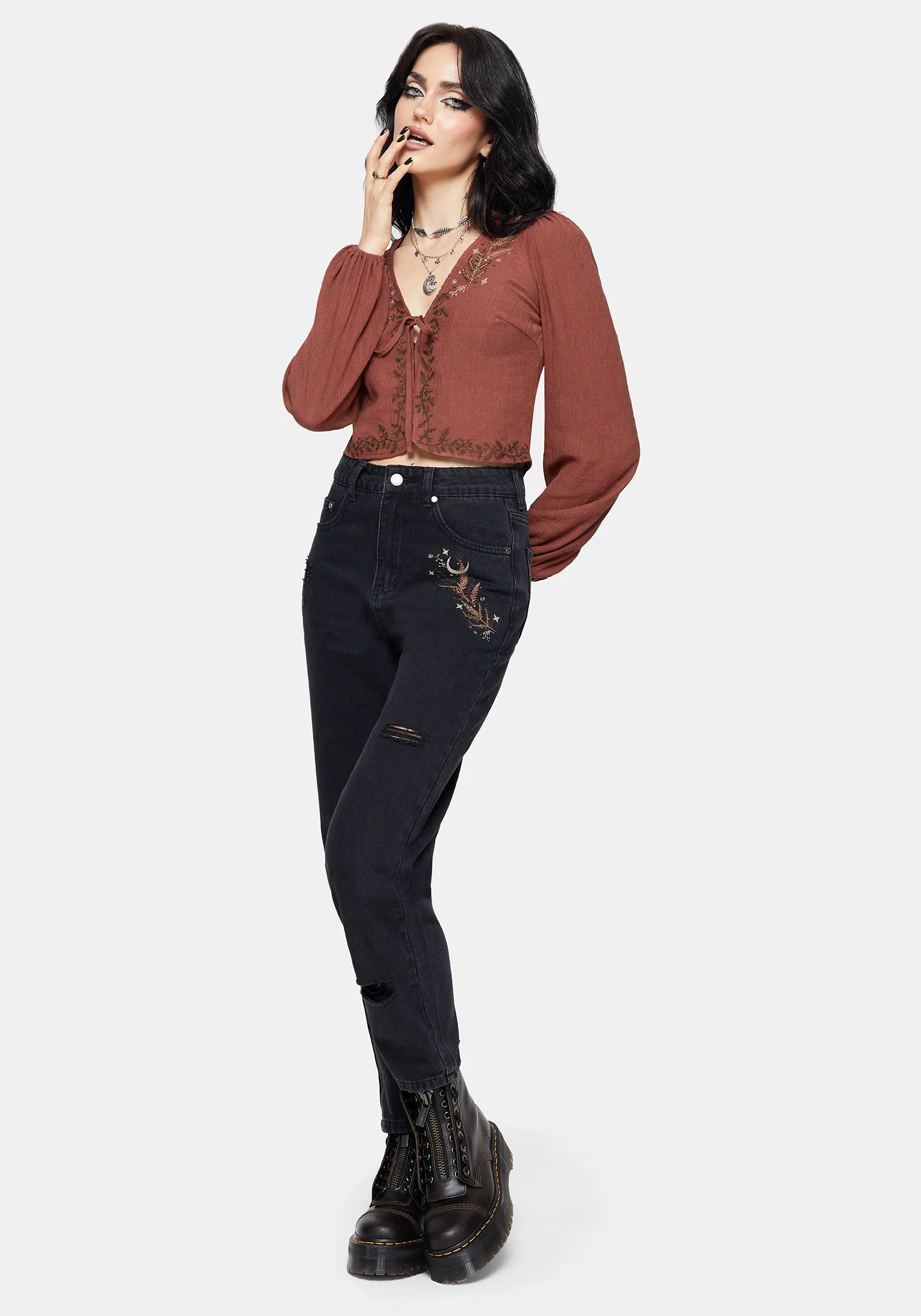 Abellona Embroidered Rust Tie Front Blouse - Image 5