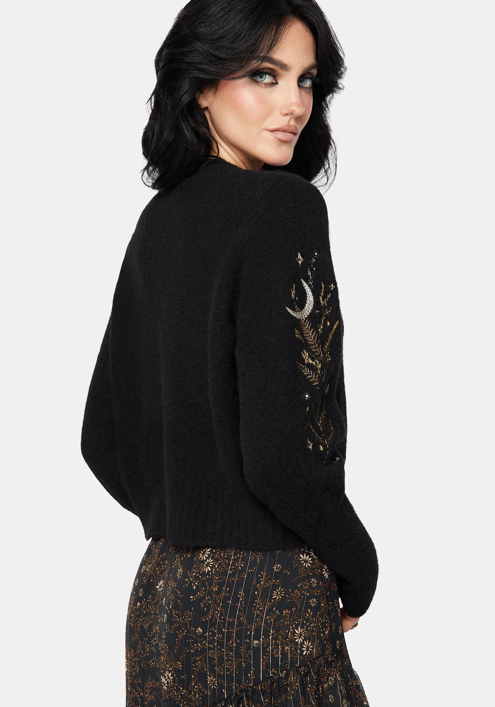 Abellona Floral Moon Embroidered Balloon Sleeve Knit Cardigan - Image 3