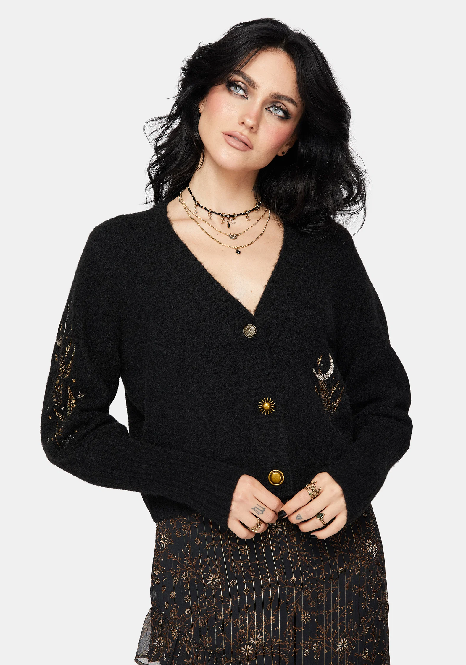 Abellona Floral Moon Embroidered Balloon Sleeve Knit Cardigan - Image 4