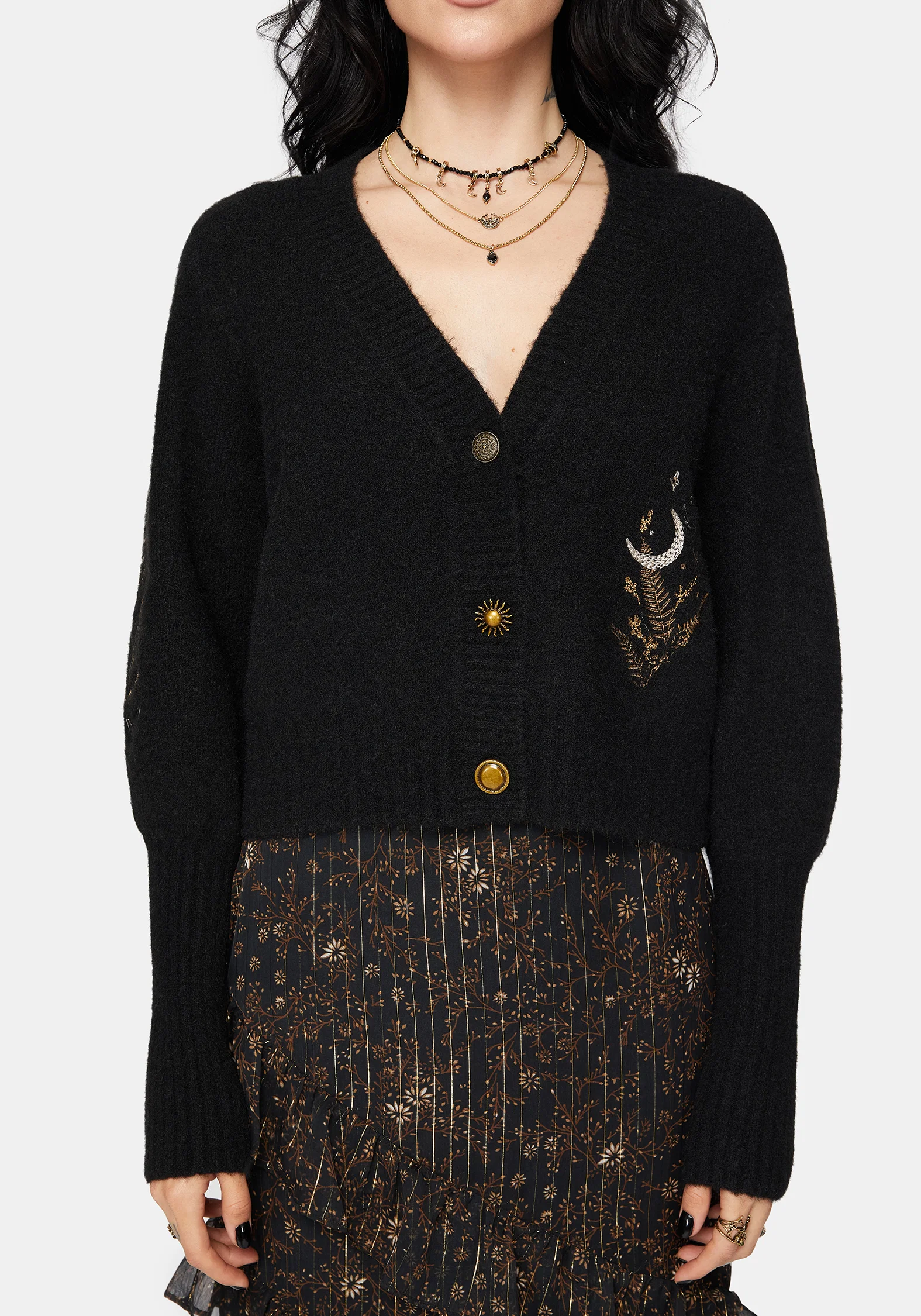 Abellona Floral Moon Embroidered Balloon Sleeve Knit Cardigan - Image 5