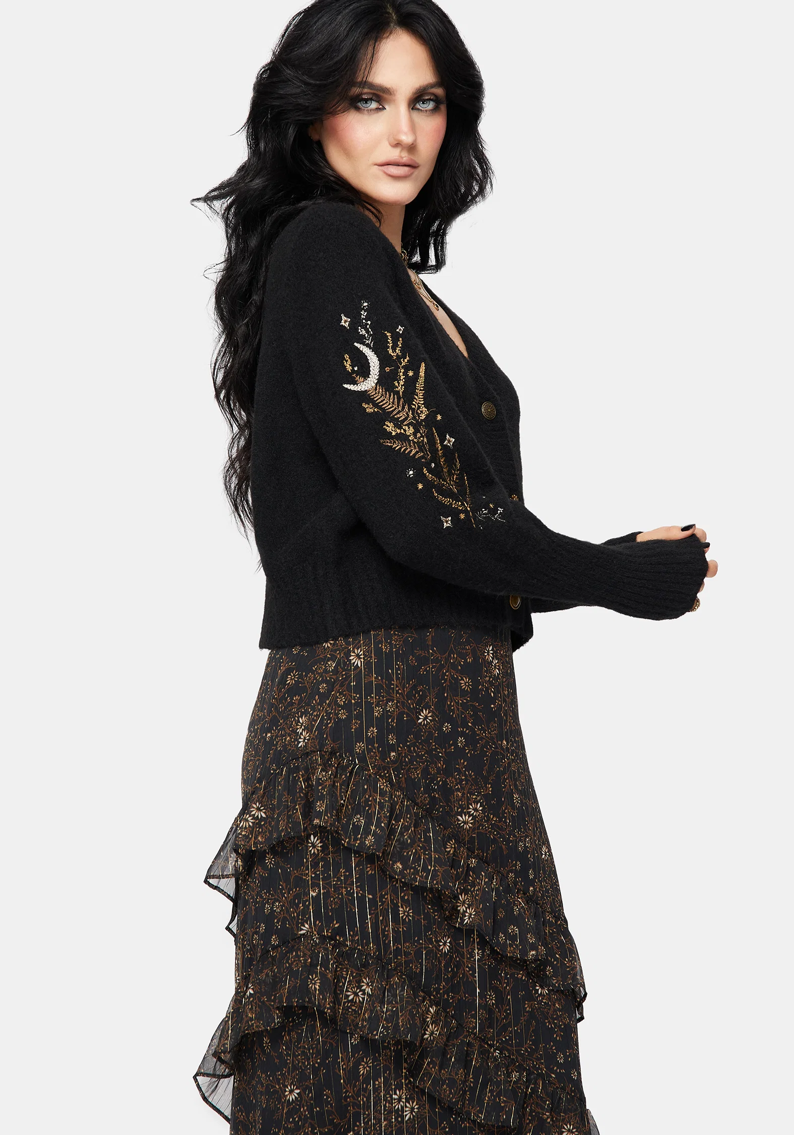 Abellona Floral Moon Embroidered Balloon Sleeve Knit Cardigan - Image 6