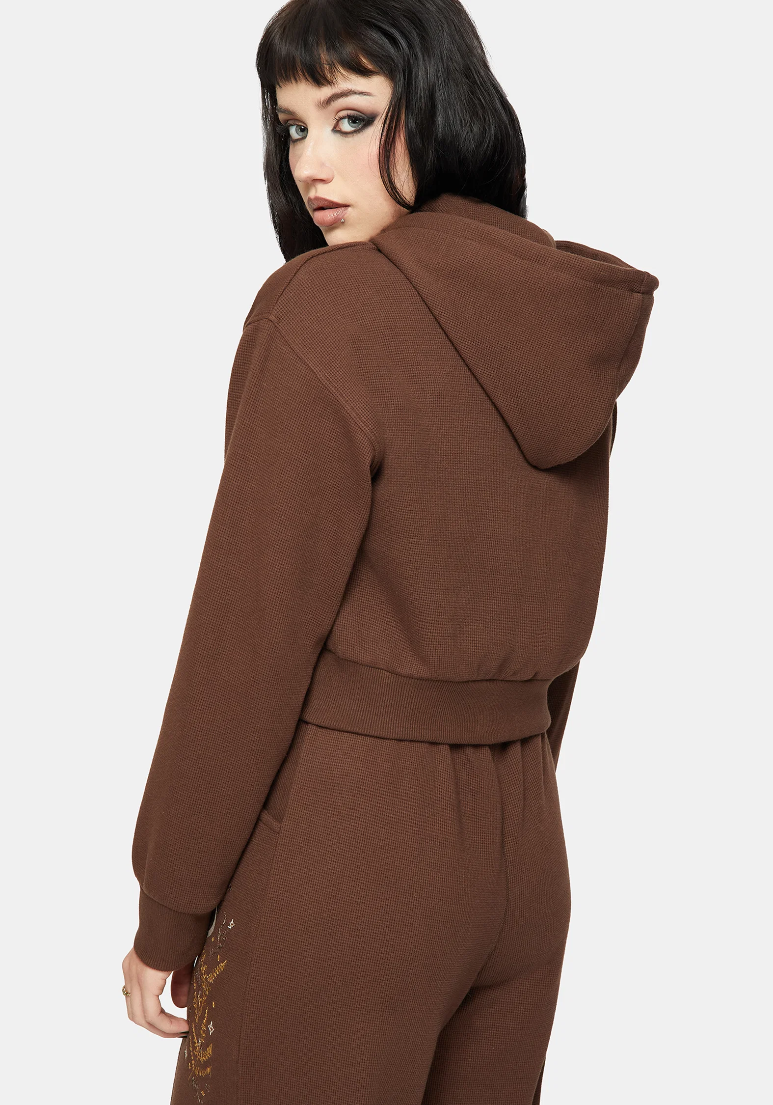 Abellona Waffle Embroidered Cropped Zip Up Hoodie - Image 3