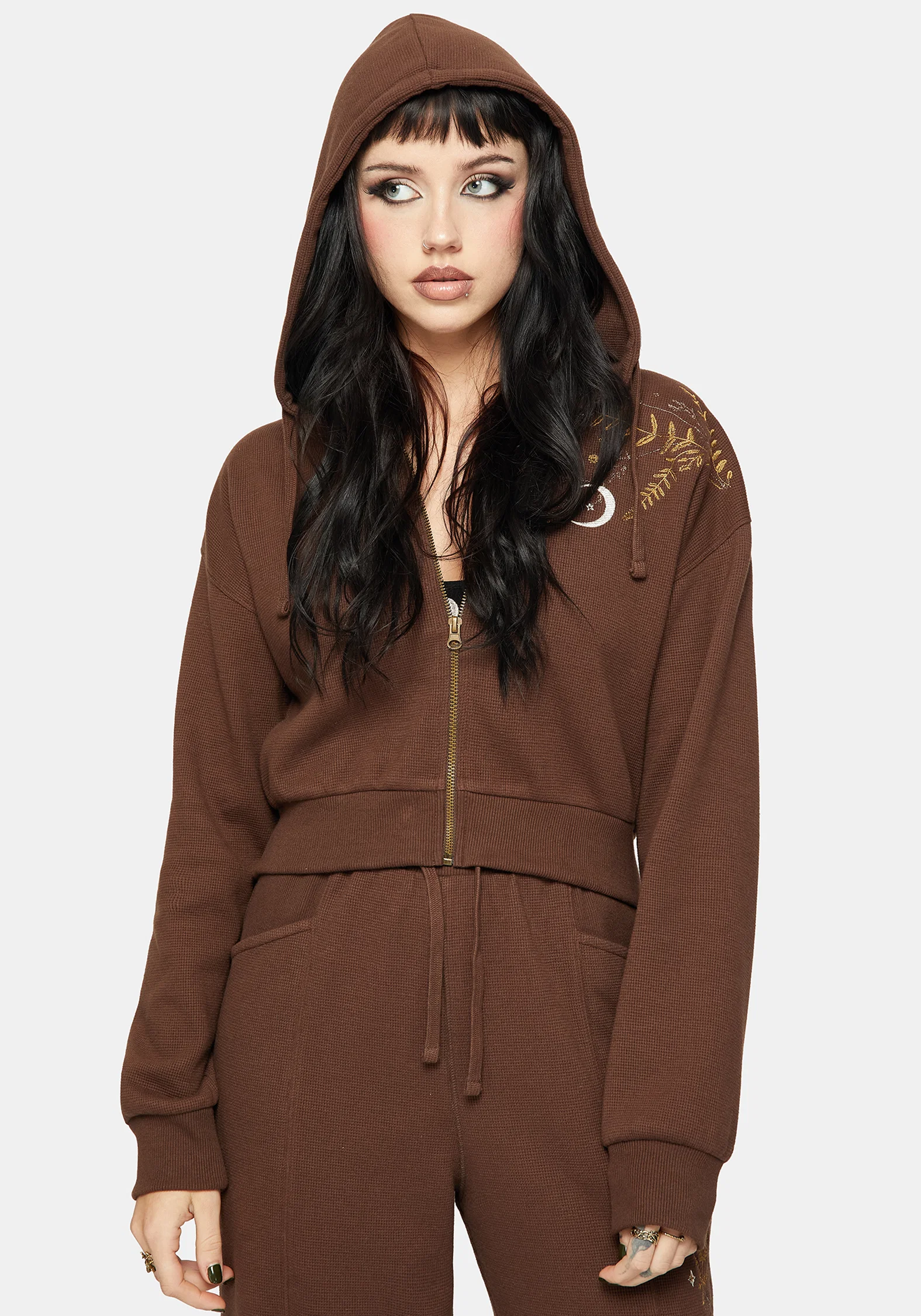 Abellona Waffle Embroidered Cropped Zip Up Hoodie - Image 4