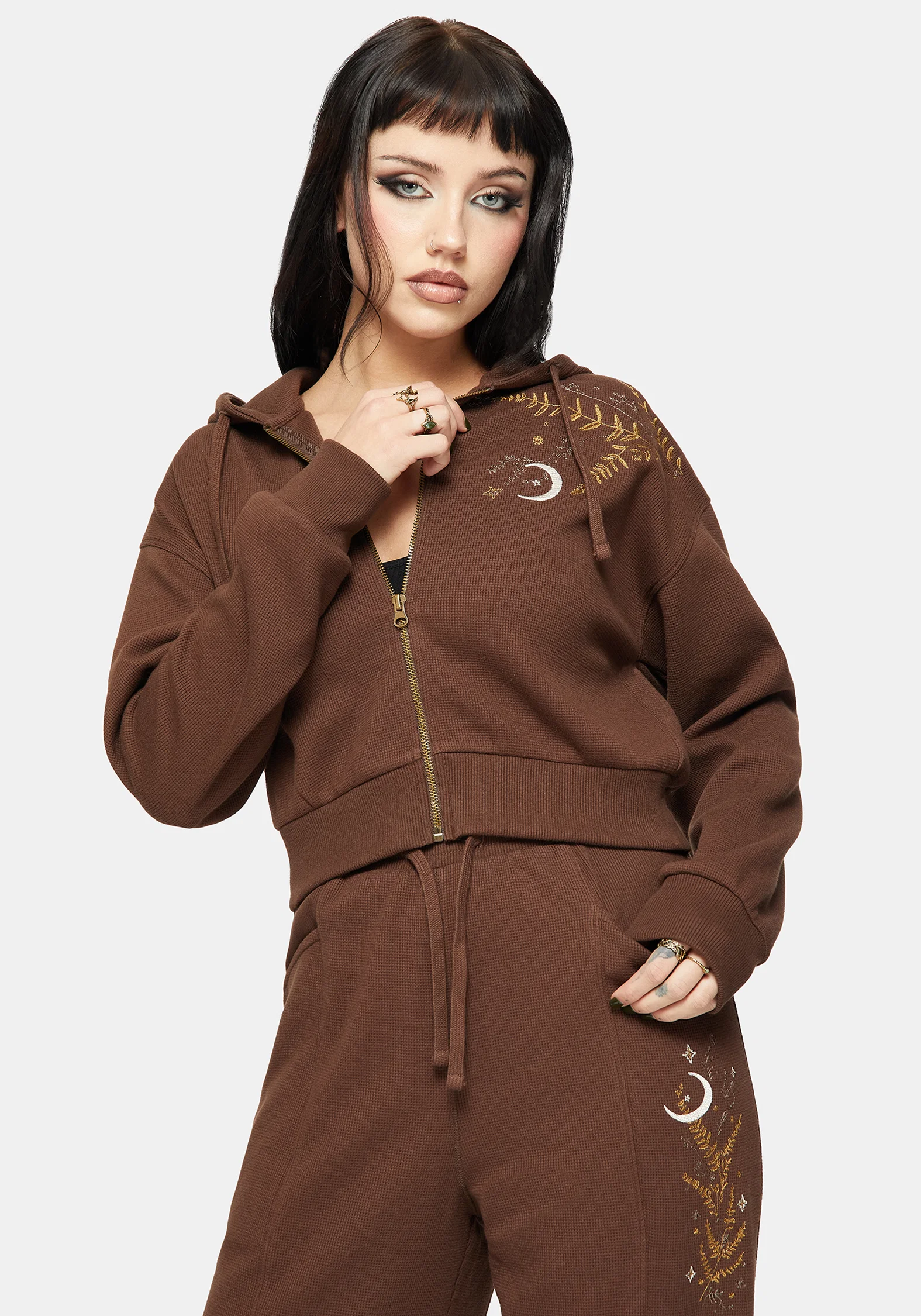 Abellona Waffle Embroidered Cropped Zip Up Hoodie - Image 5