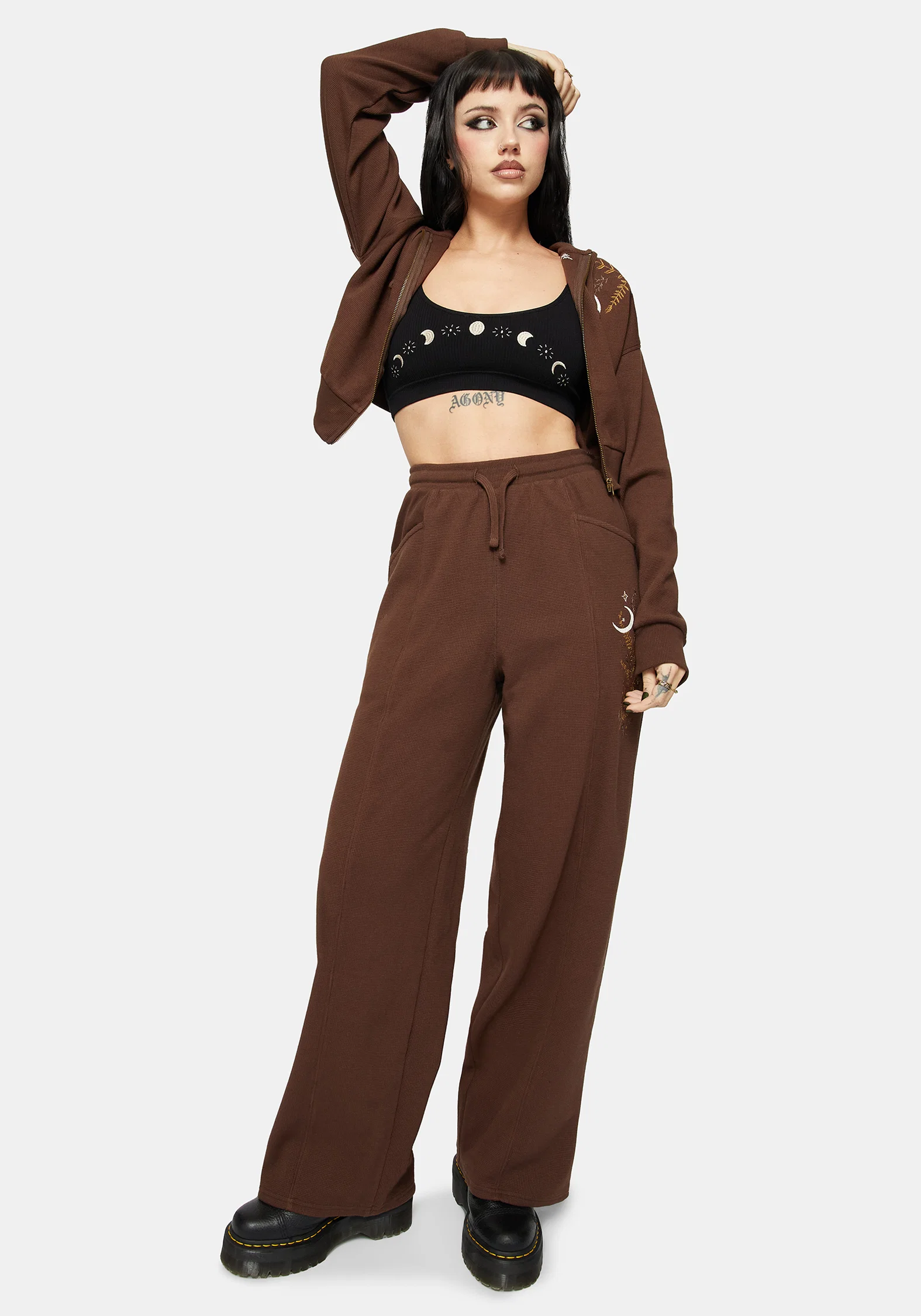 Abellona Waffle Embroidered Cropped Zip Up Hoodie - Image 6