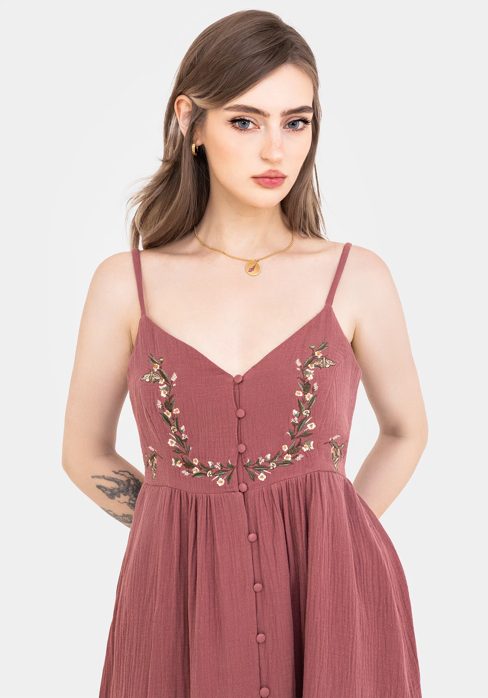 Abundance Cotton Floral Embroidered Bodice Cami Midaxi Dress - Image 7