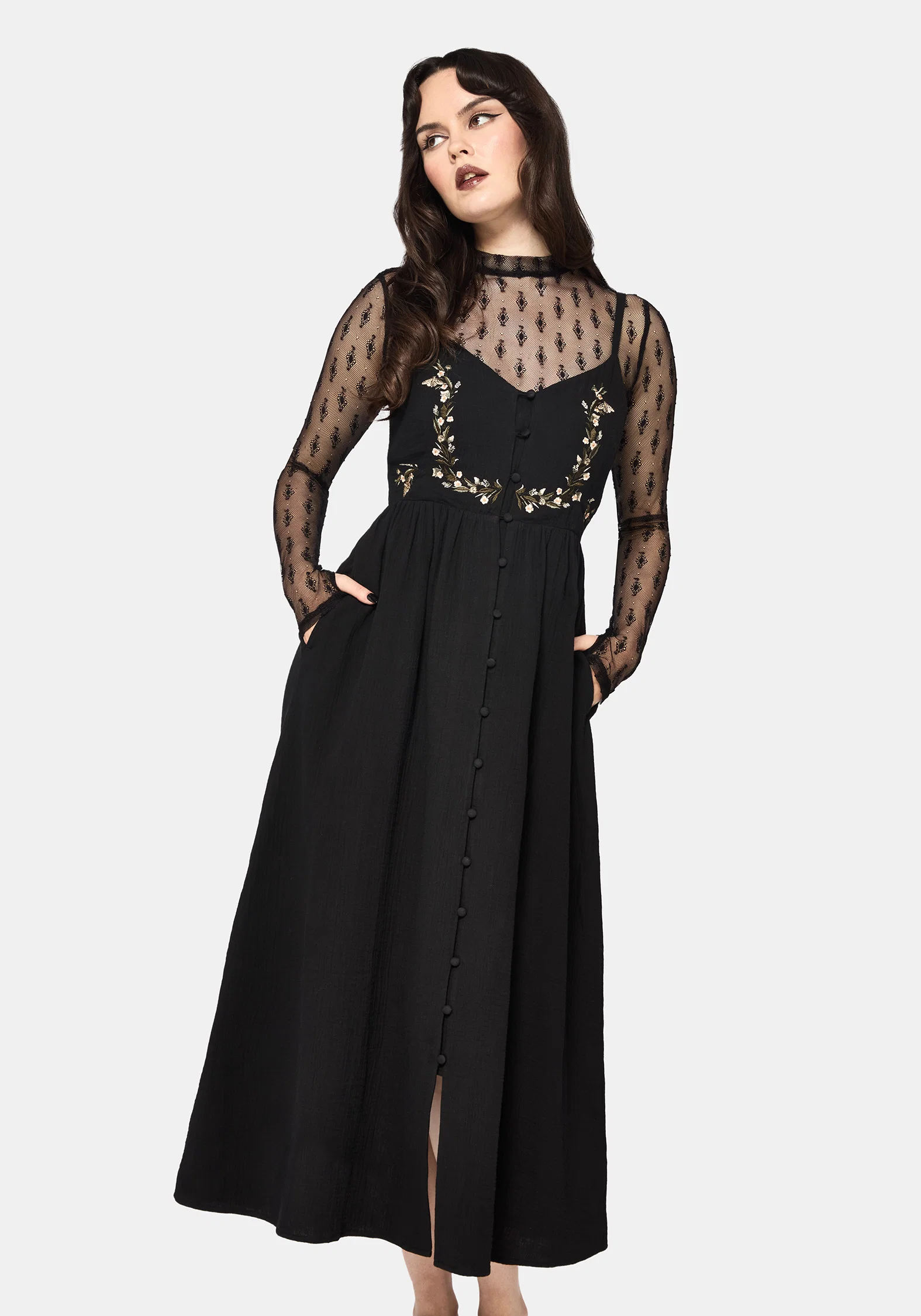 Abundance Cotton Floral Embroidered Bodice Cami Midaxi Dress - Black - Image 4