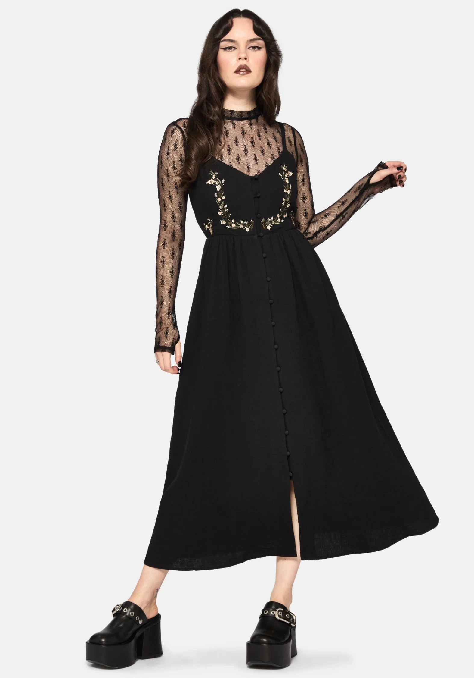 Abundance Cotton Floral Embroidered Bodice Cami Midaxi Dress - Black - Image 5