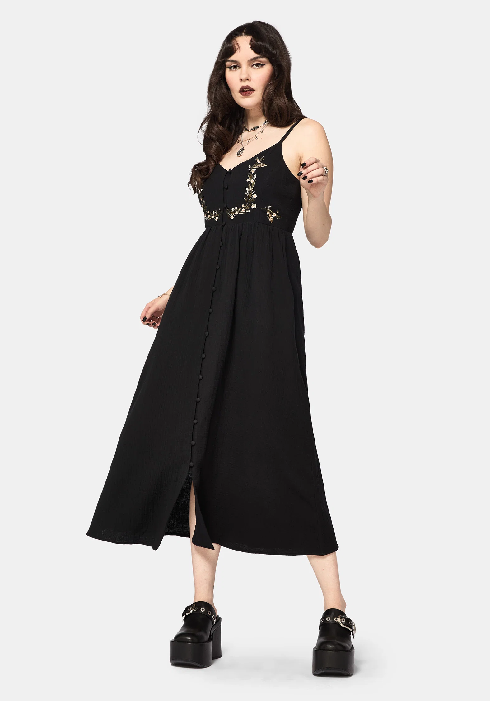 Abundance Cotton Floral Embroidered Bodice Cami Midaxi Dress - Black - Image 6