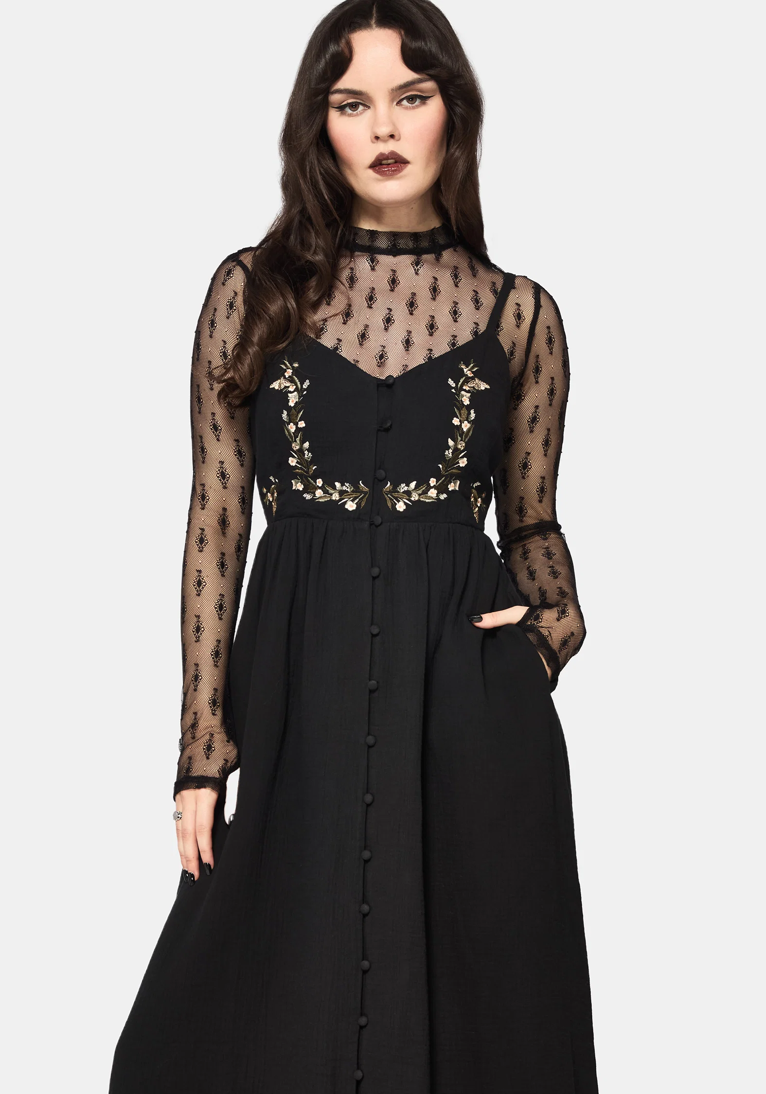 Abundance Cotton Floral Embroidered Bodice Cami Midaxi Dress - Black - Image 7