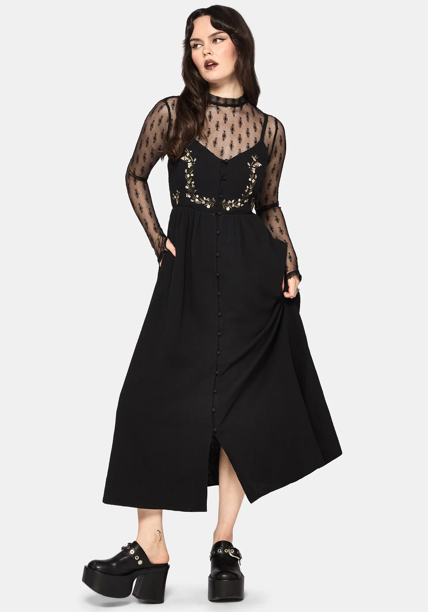 Abundance Cotton Floral Embroidered Bodice Cami Midaxi Dress - Black - Image 8