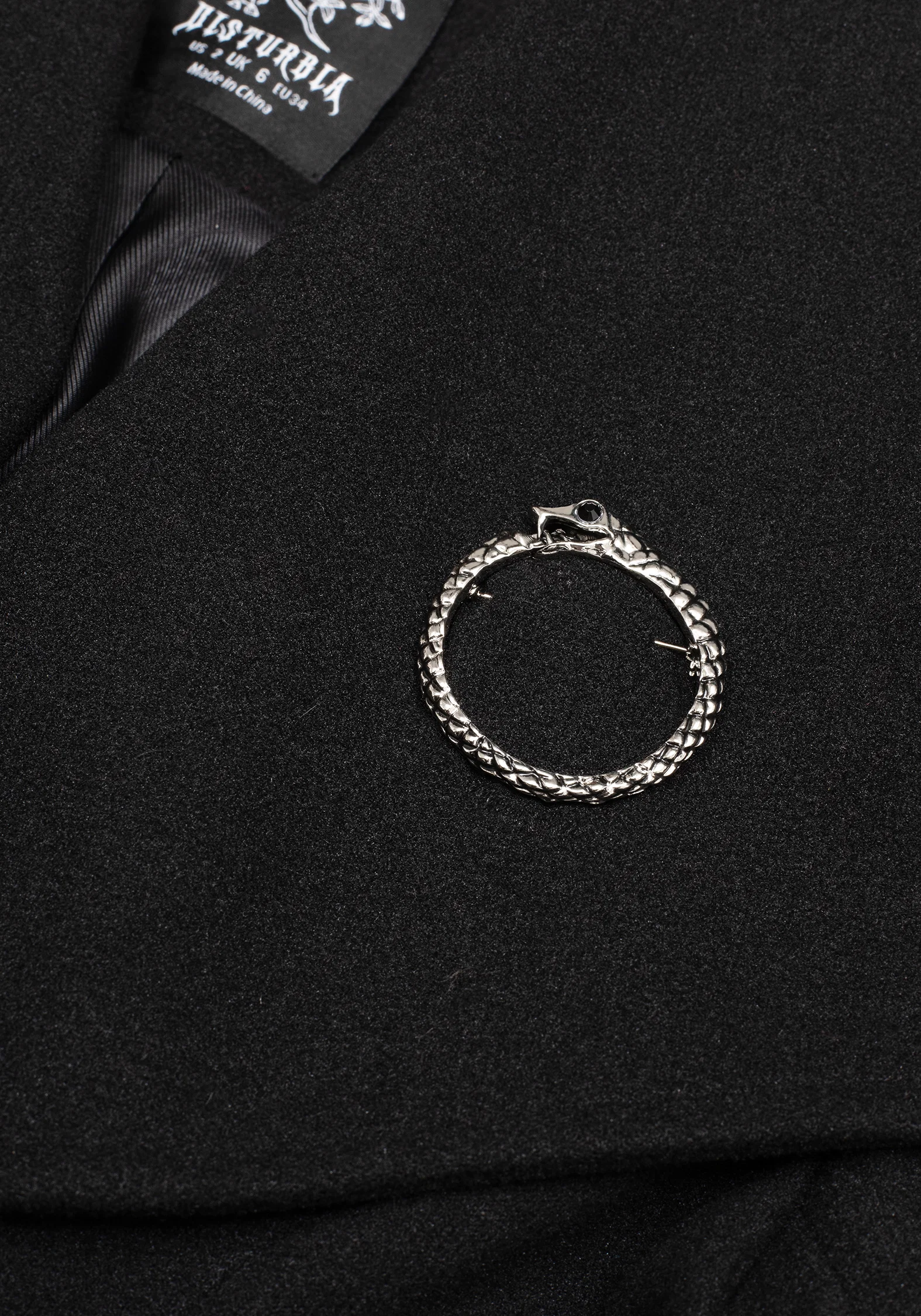 Abyss Tie Waist Double Breasted Coat With Snake Brooch - Black - Image 2