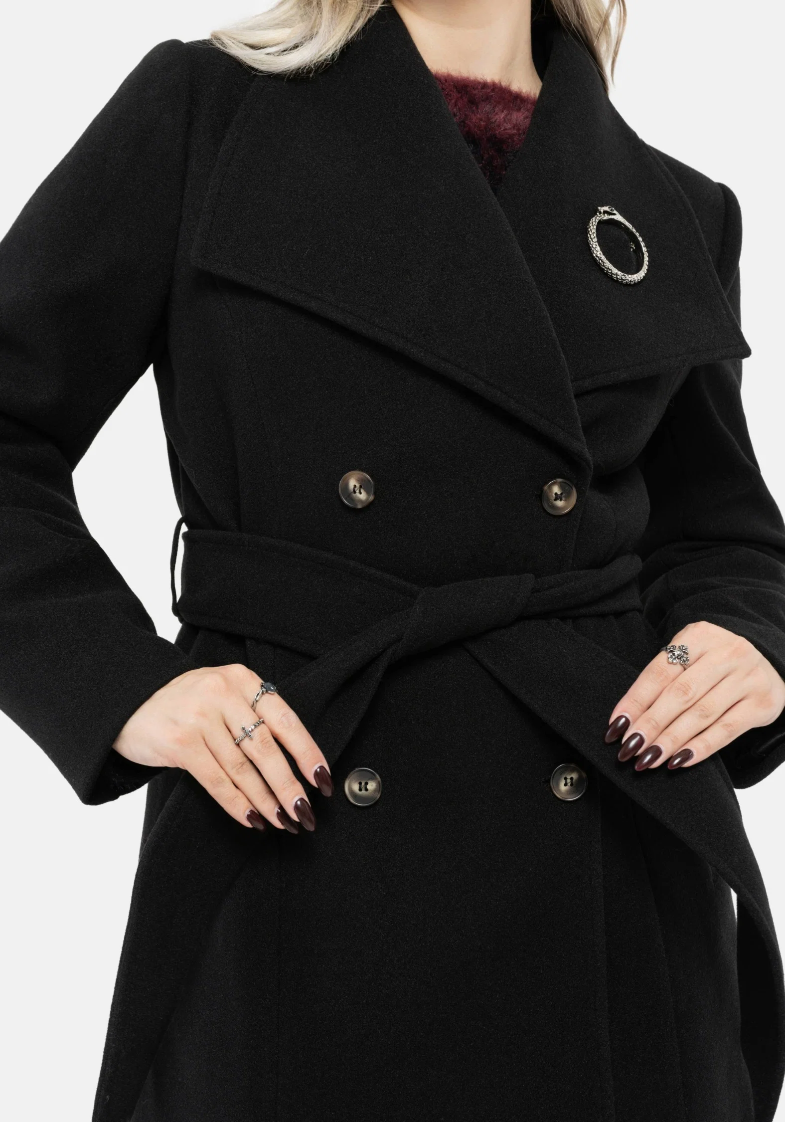 Abyss Tie Waist Double Breasted Coat With Snake Brooch - Black - Image 3
