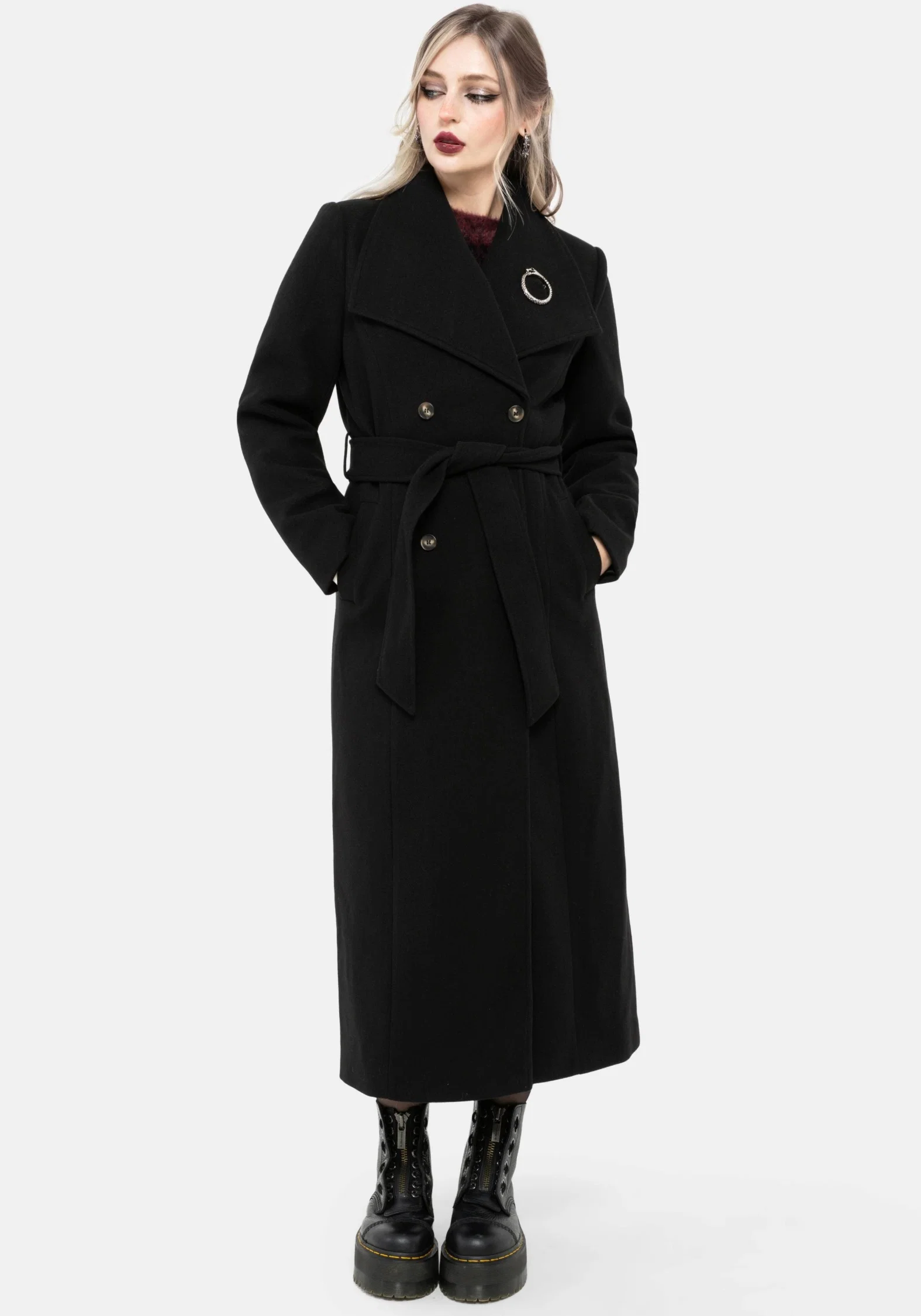 Abyss Tie Waist Double Breasted Coat With Snake Brooch - Black - Image 5