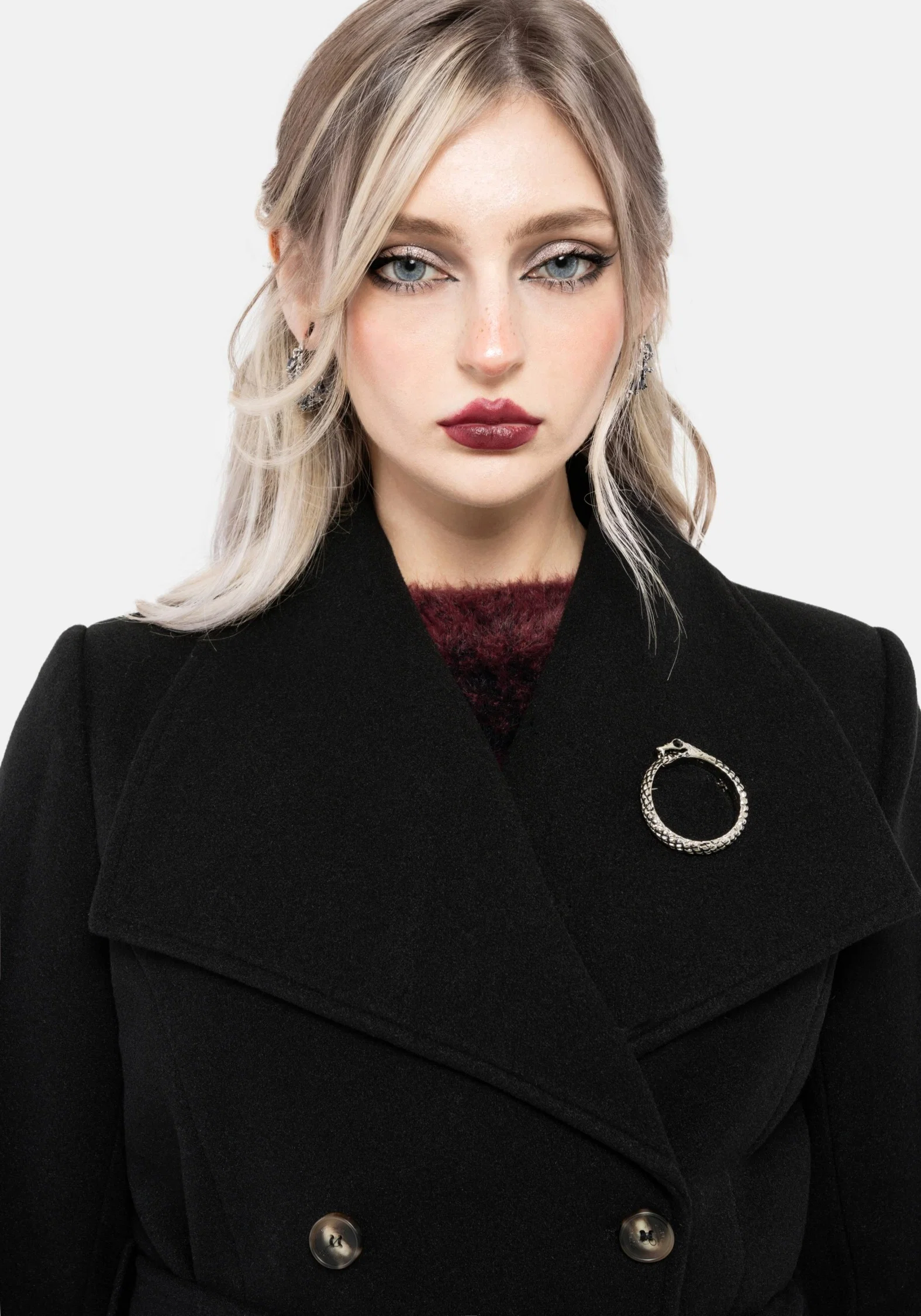 Abyss Tie Waist Double Breasted Coat With Snake Brooch - Black - Image 6