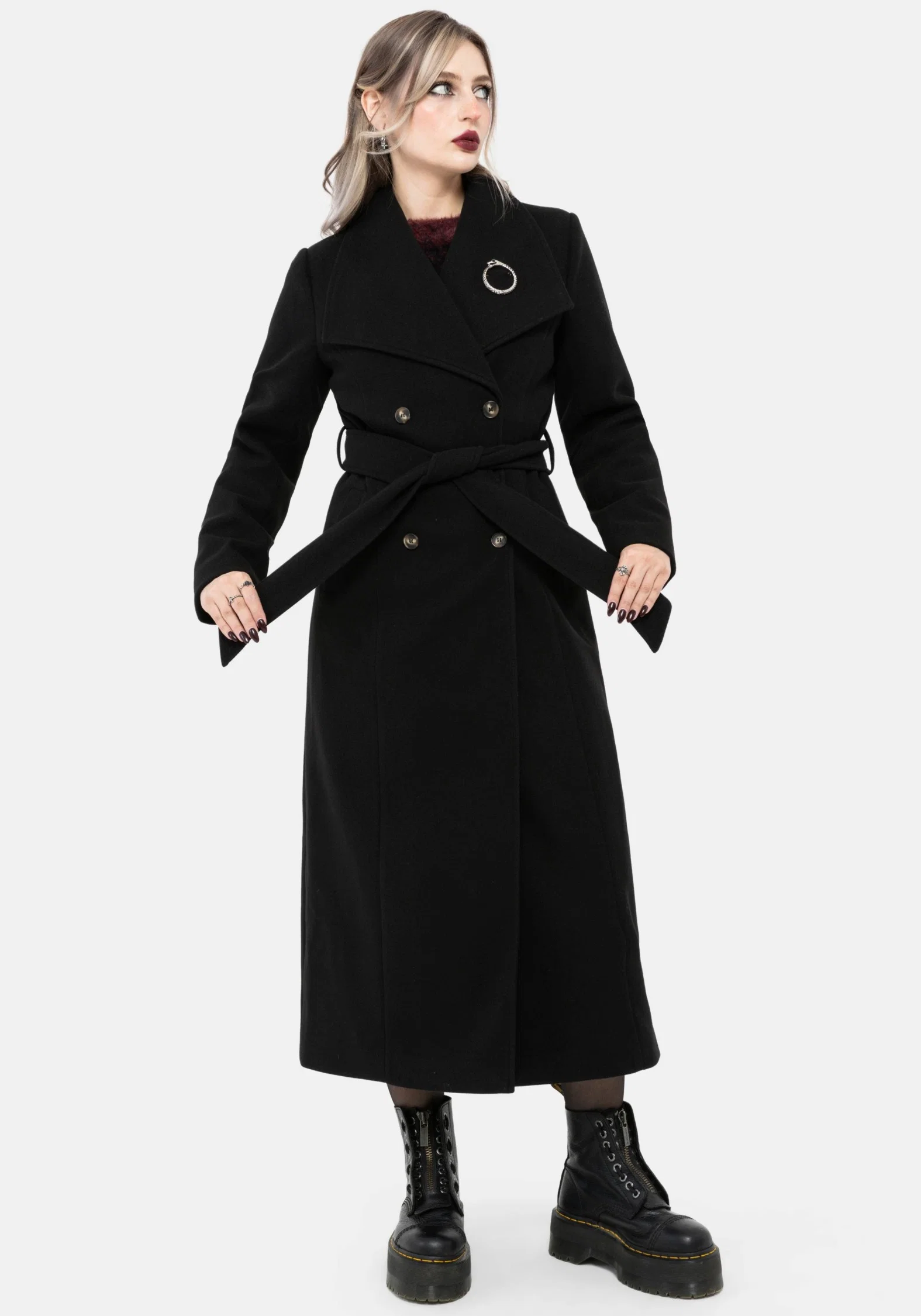 Abyss Tie Waist Double Breasted Coat With Snake Brooch - Black - Image 8