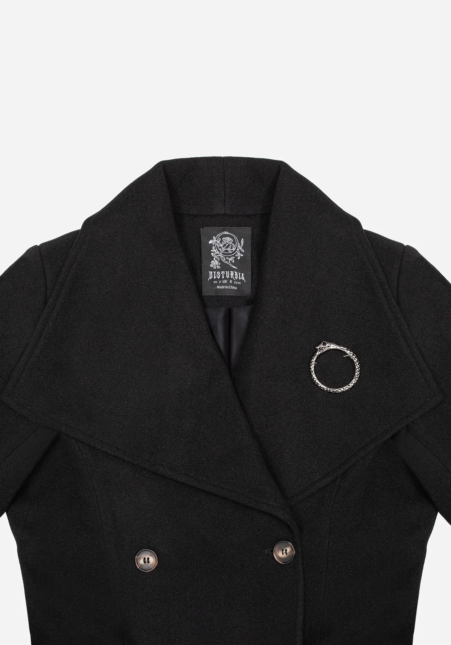 Abyss Tie Waist Double Breasted Coat With Snake Brooch - Black - Image 9