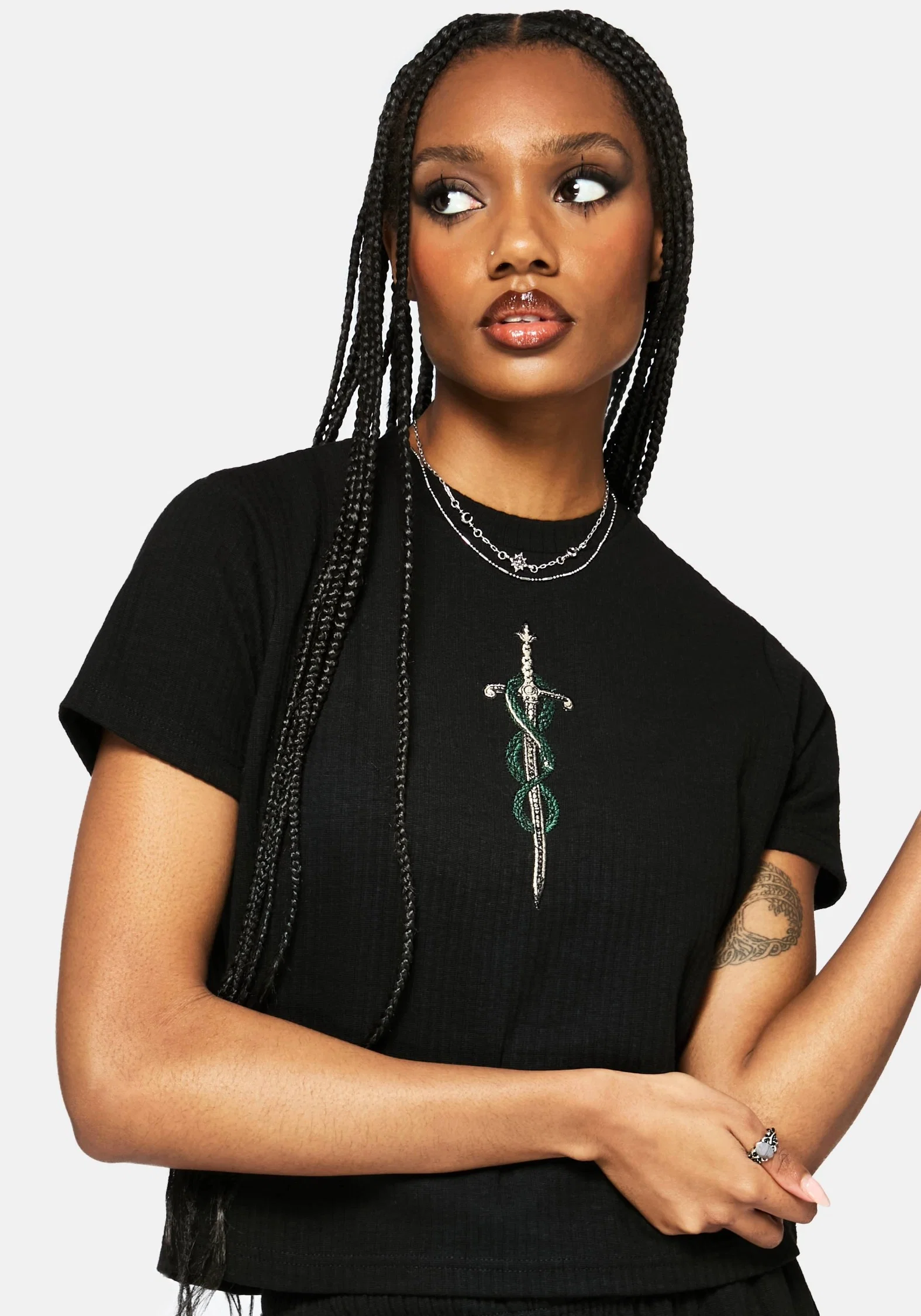 Aelin Sword Embroidered Short Sleeve Ribbed Top - Image 3