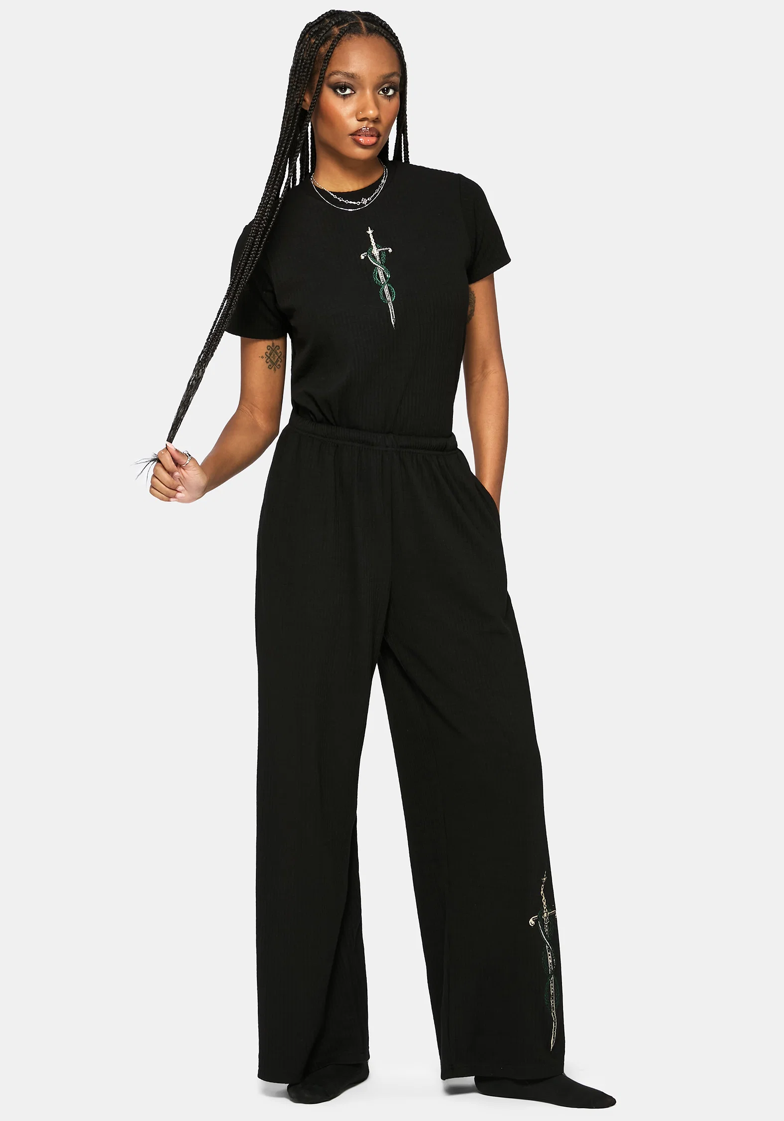 Aelin Sword Embroidered Wide Leg Ribbed Trouser - Image 4