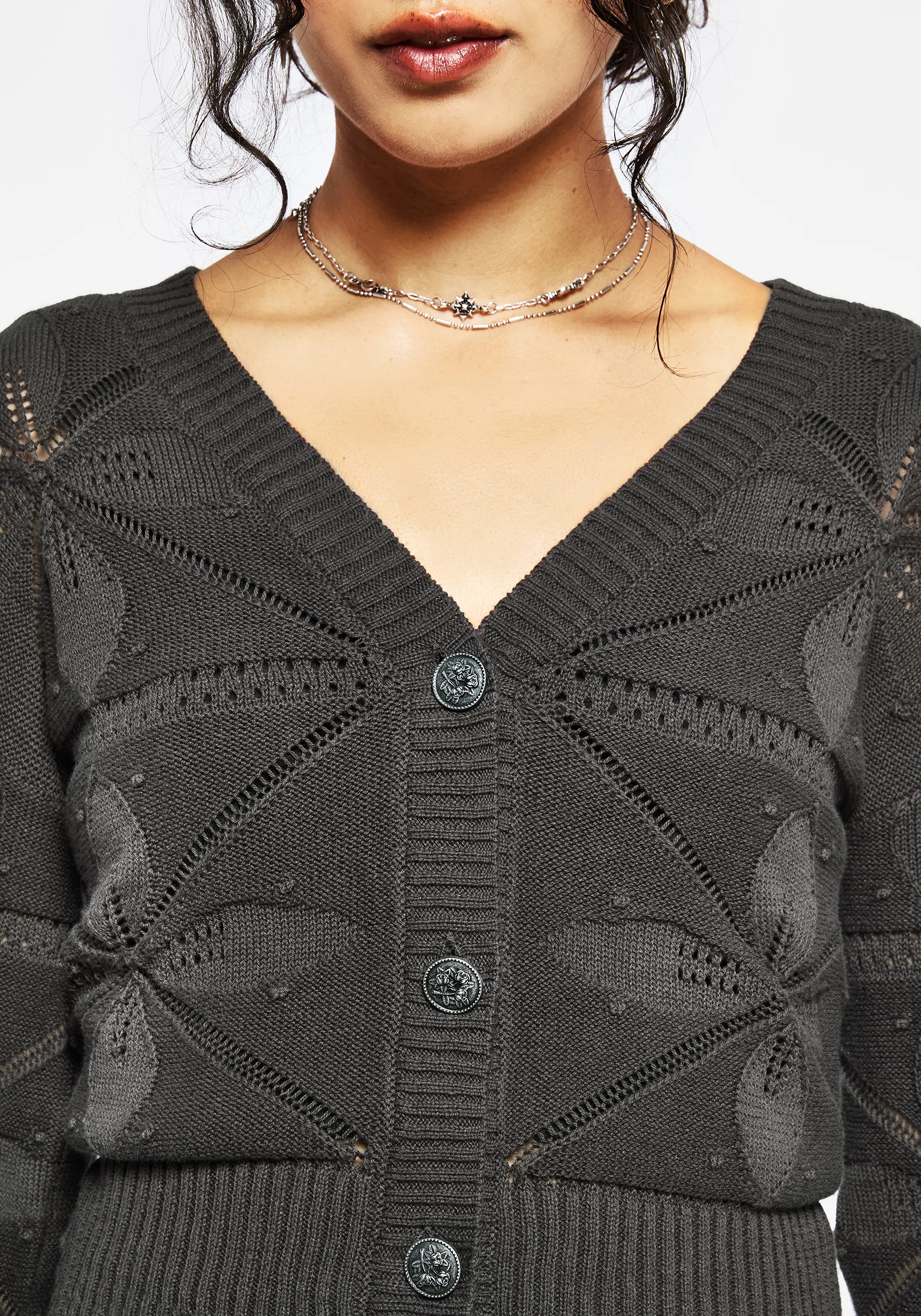 Alda Floral Pointelle Balloon Sleeve Knit Cardigan - Image 2