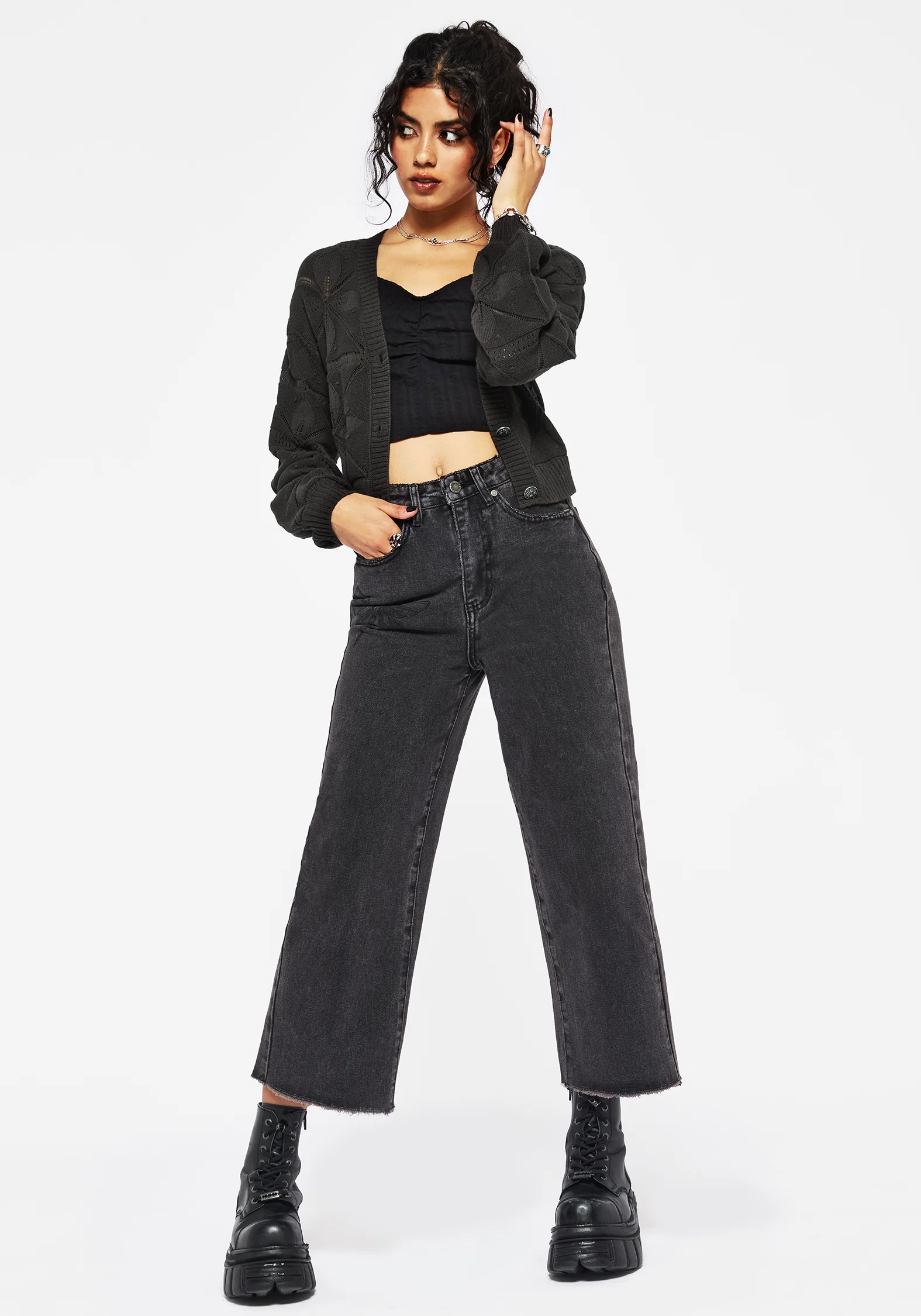 Alda Floral Pointelle Balloon Sleeve Knit Cardigan - Image 5