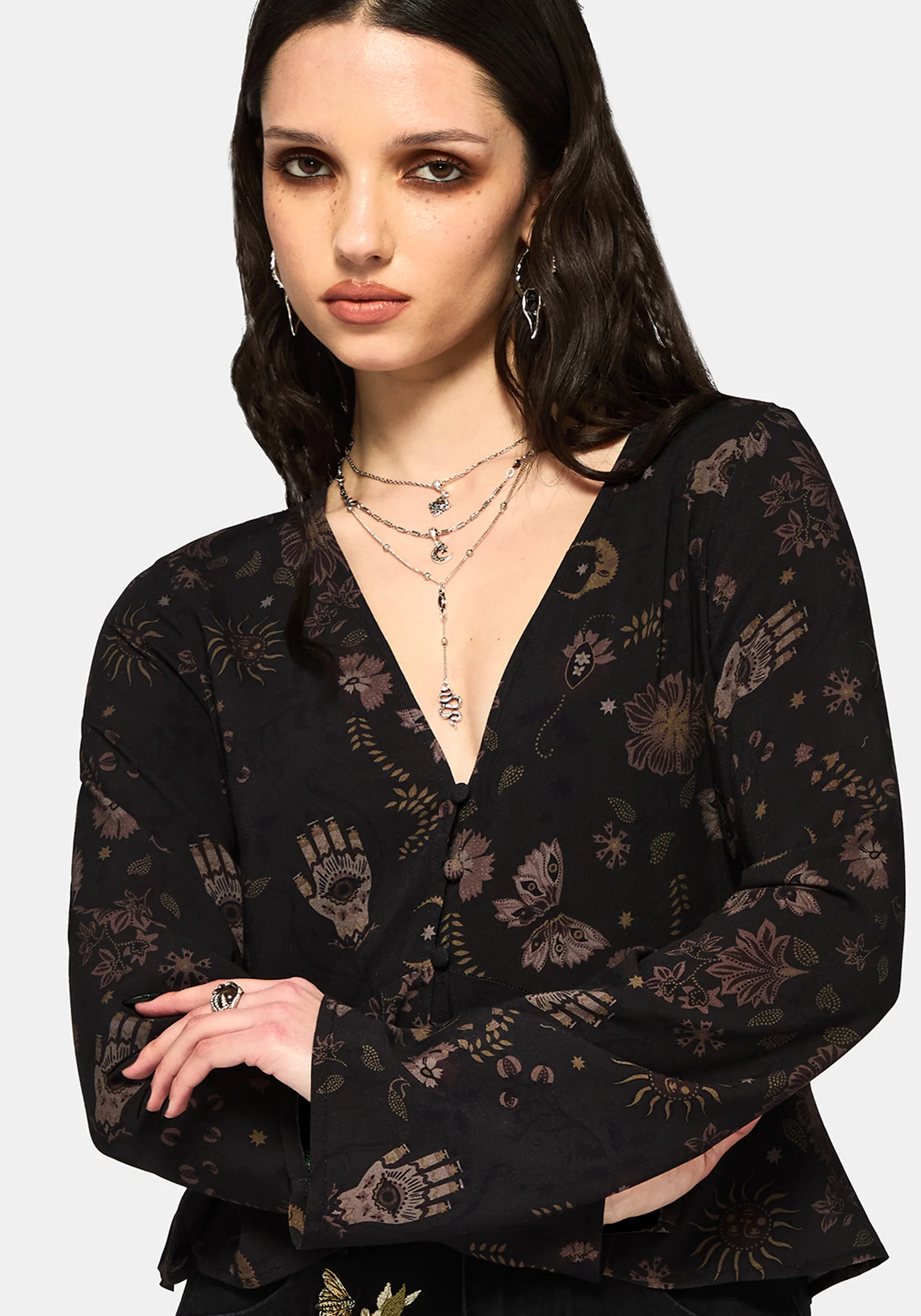 Angela Folk Print Flared Sleeve Blouse - Image 4