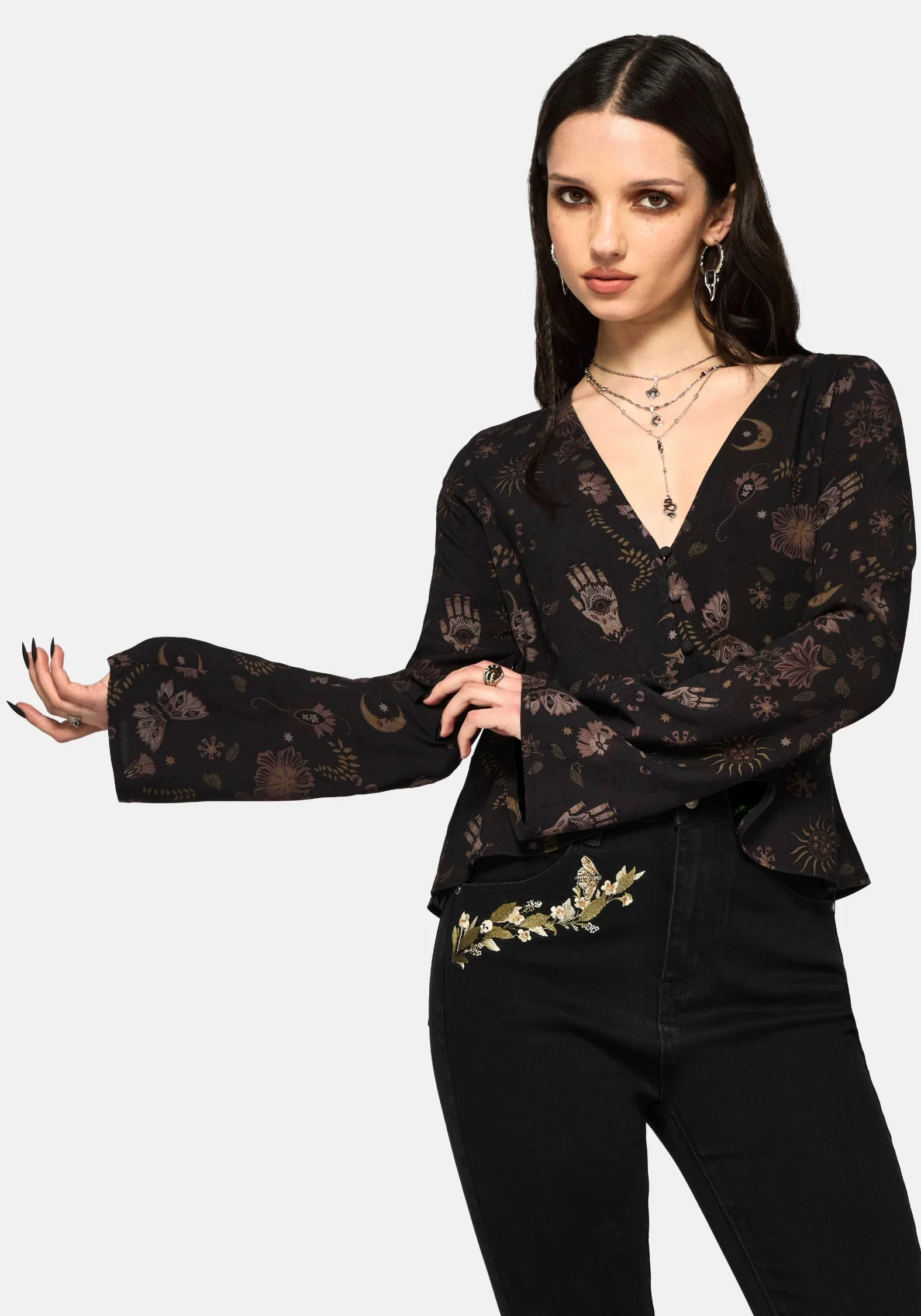Angela Folk Print Flared Sleeve Blouse - Image 6