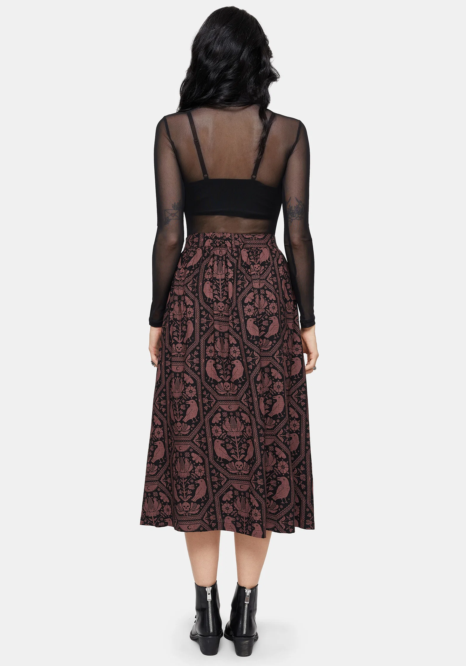 Annabel Inverted Raven Print Button Down Midi Skirt - Image 3