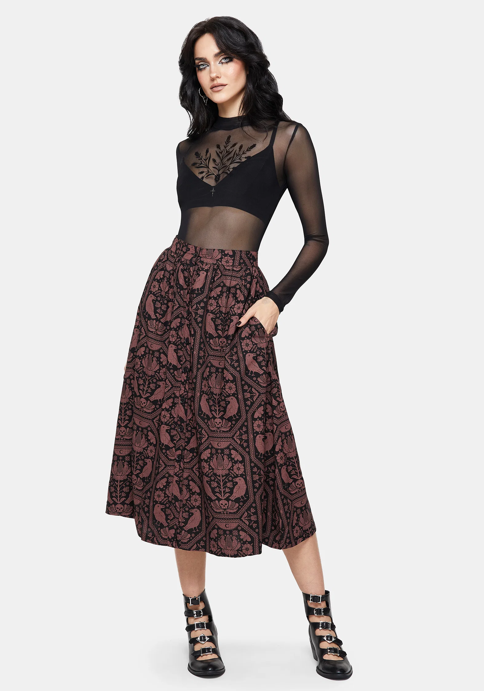 Annabel Inverted Raven Print Button Down Midi Skirt - Image 4