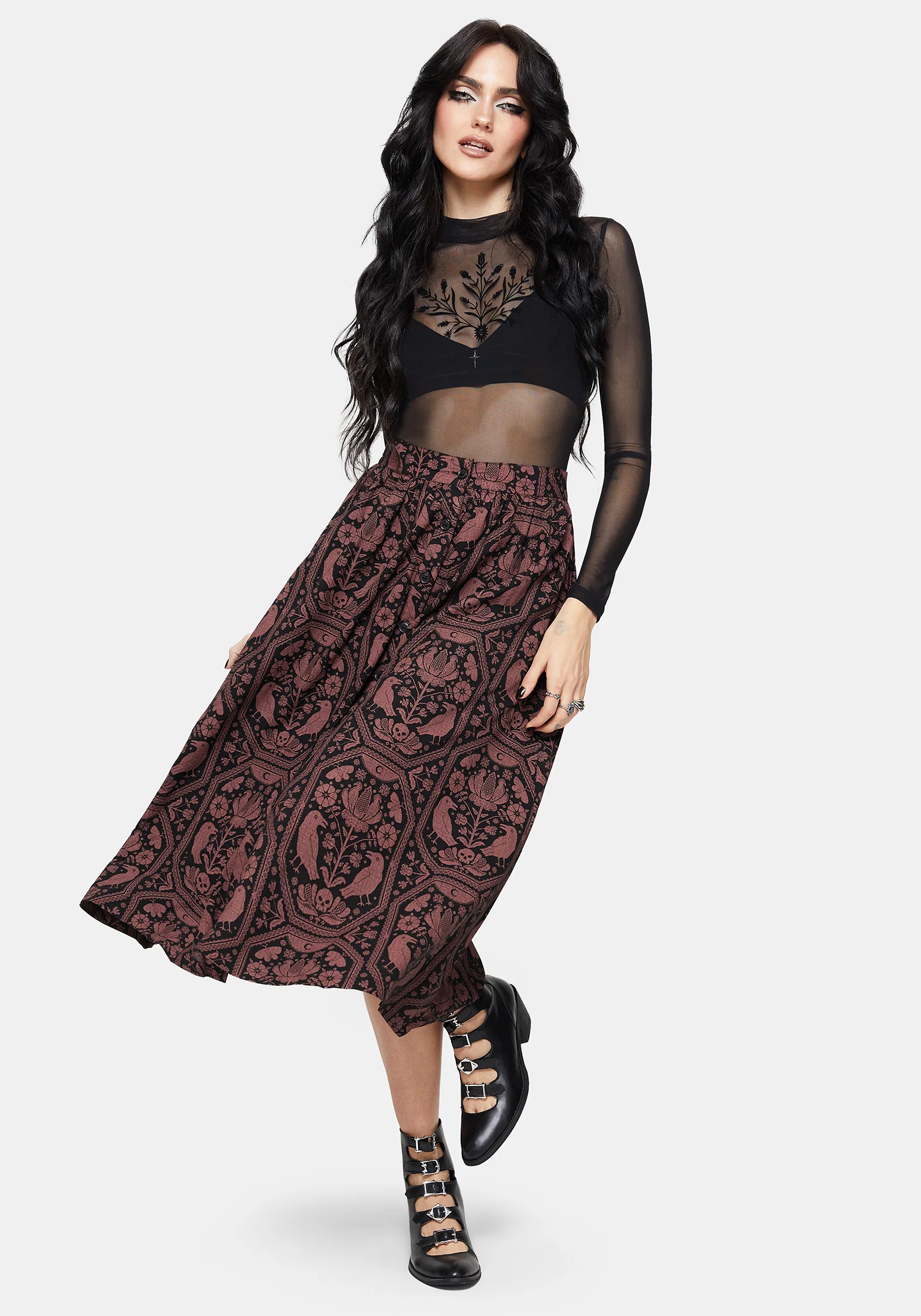 Annabel Inverted Raven Print Button Down Midi Skirt - Image 6