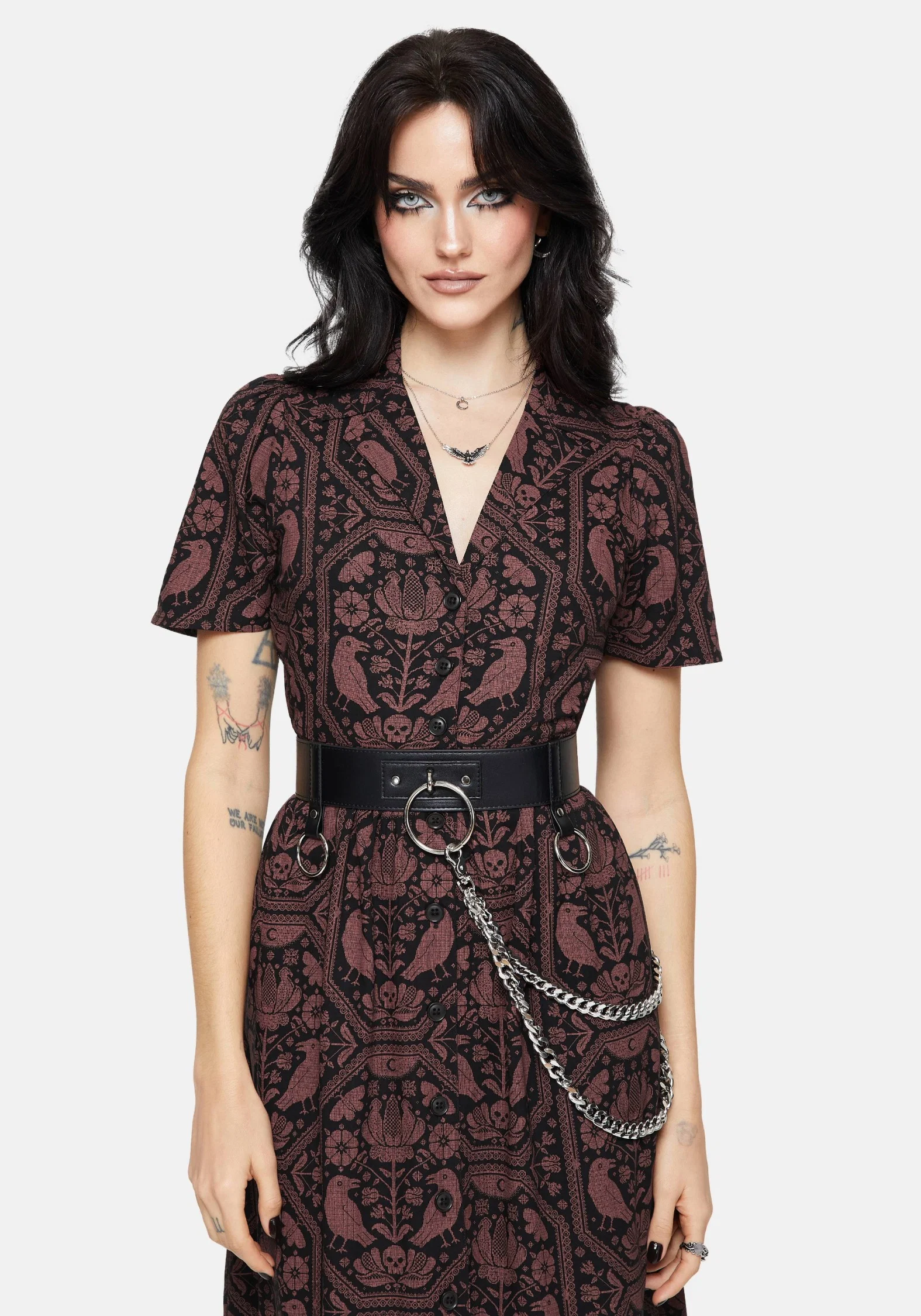 Annabel Inverted Raven Print Midi Shirt Dress - Image 4