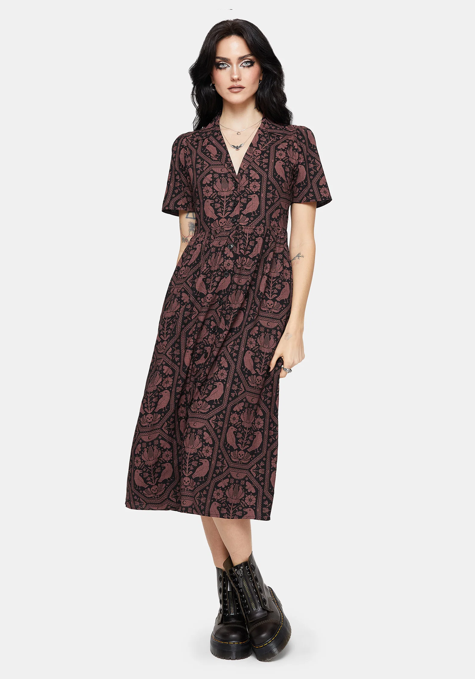 Annabel Inverted Raven Print Midi Shirt Dress - Image 5