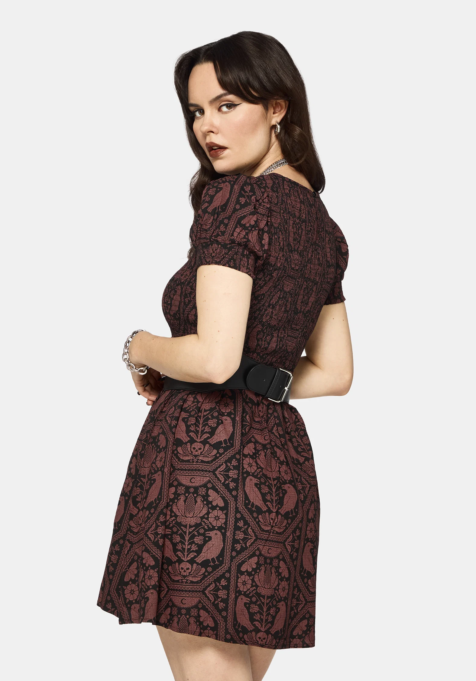 Annabel Inverted Raven Print Shirred Mini Dress - Image 3