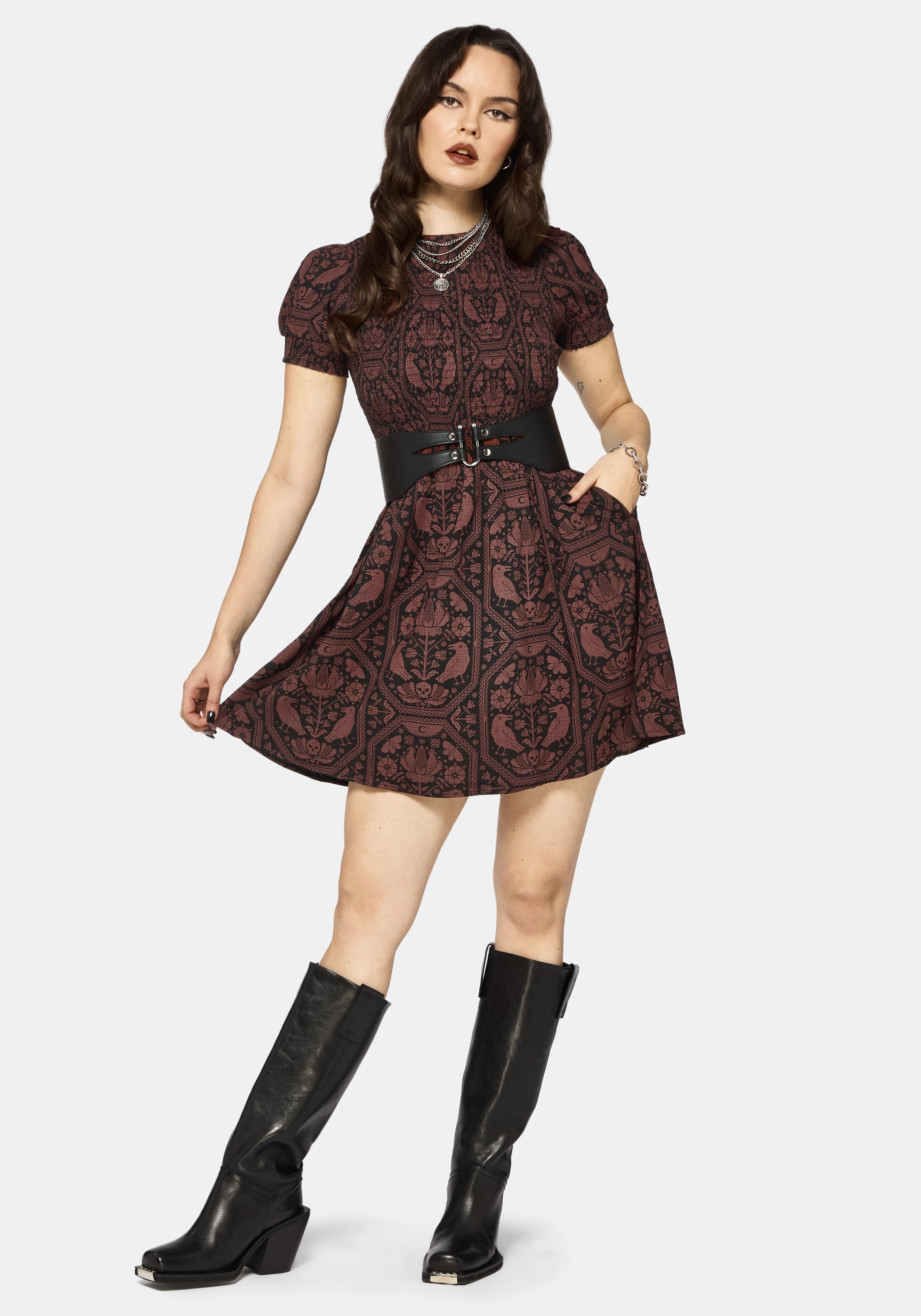 Annabel Inverted Raven Print Shirred Mini Dress - Image 4