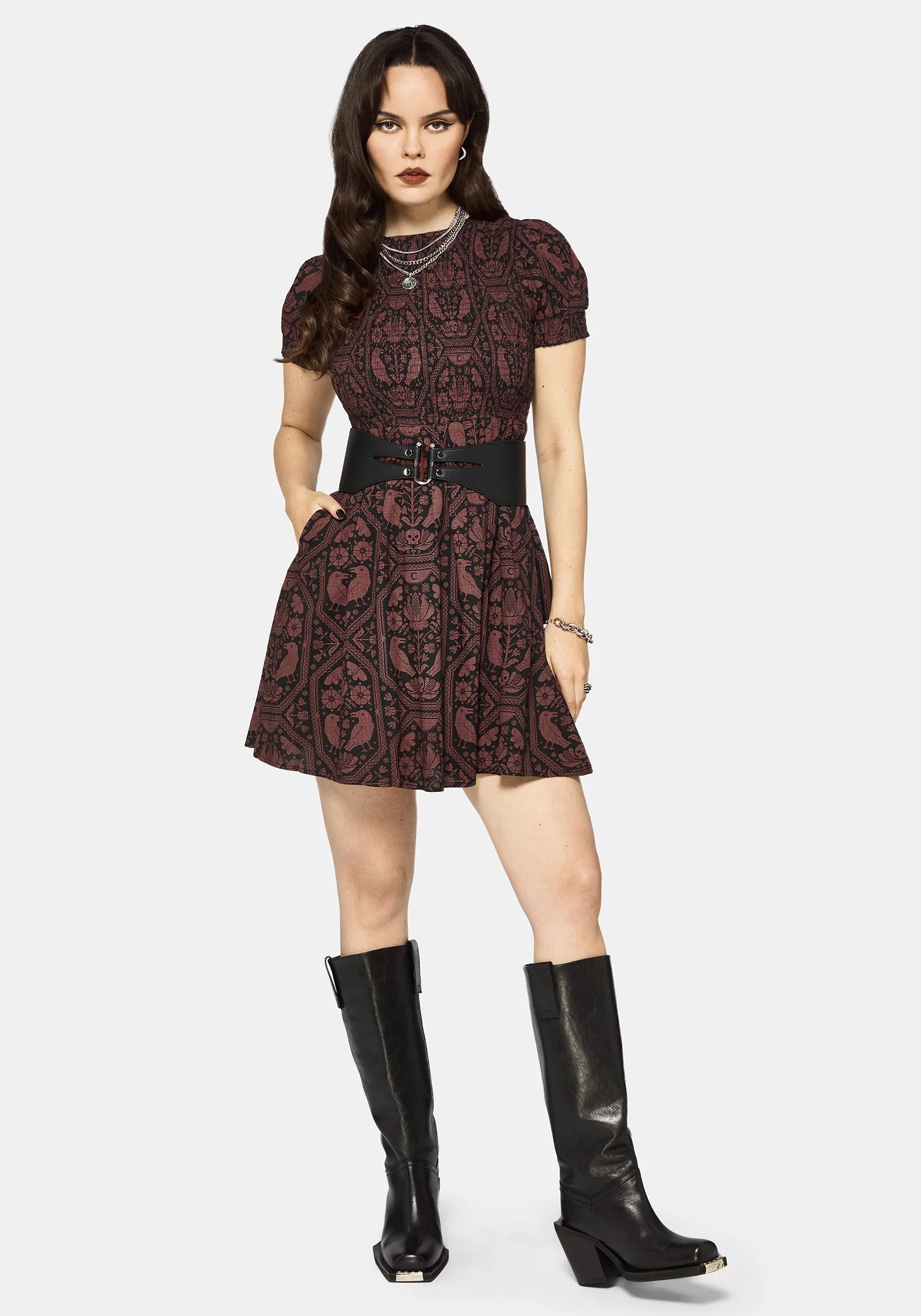 Annabel Inverted Raven Print Shirred Mini Dress - Image 5