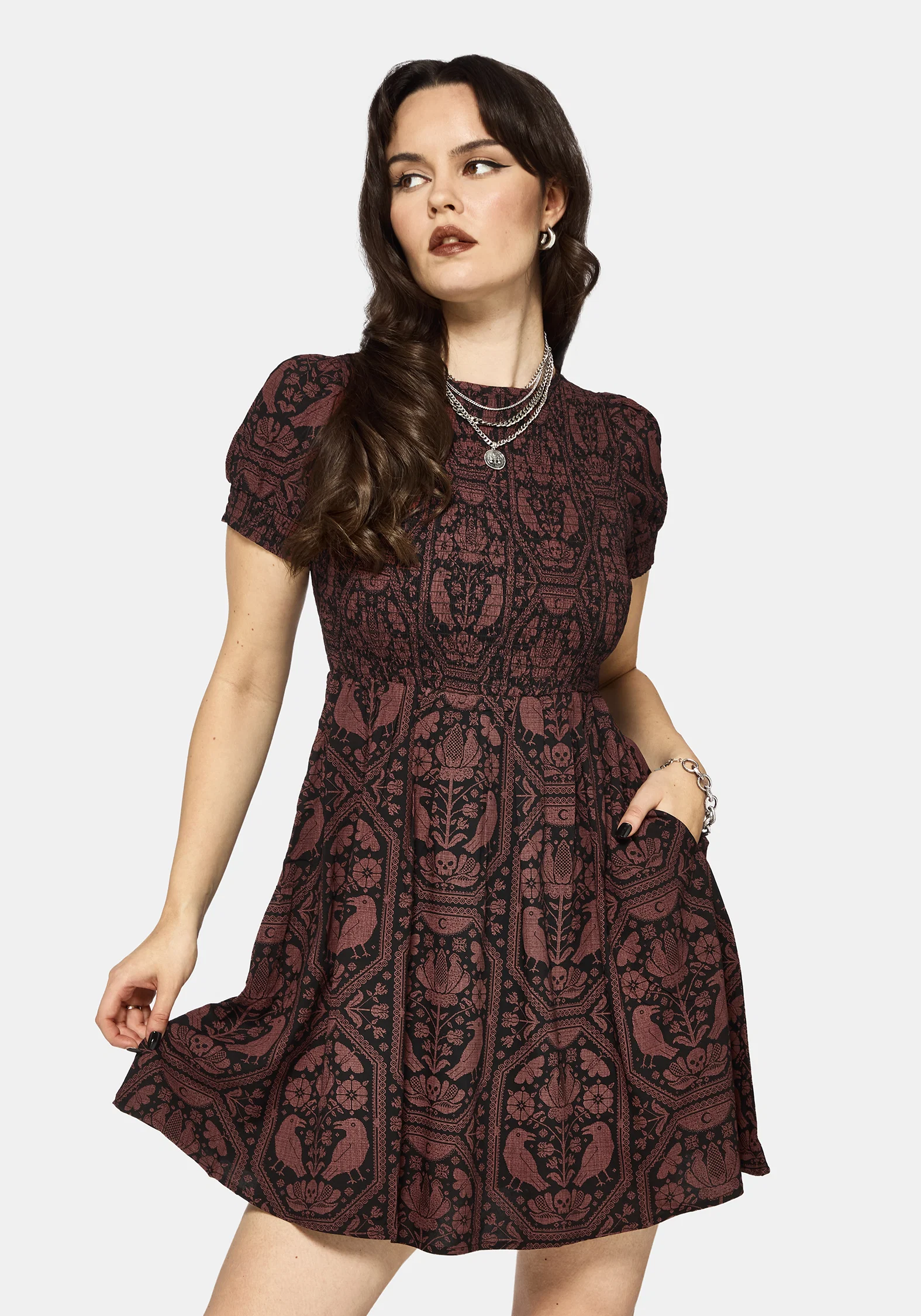 Annabel Inverted Raven Print Shirred Mini Dress - Image 6