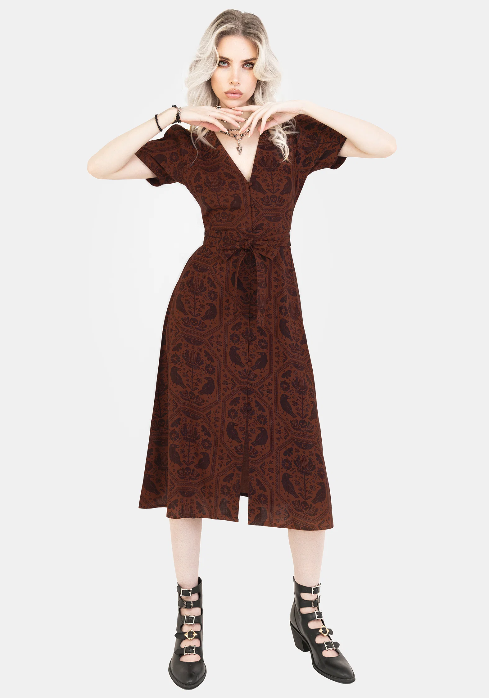 Annabel Raven Print Button Up Midi Dress - Rust - Image 4