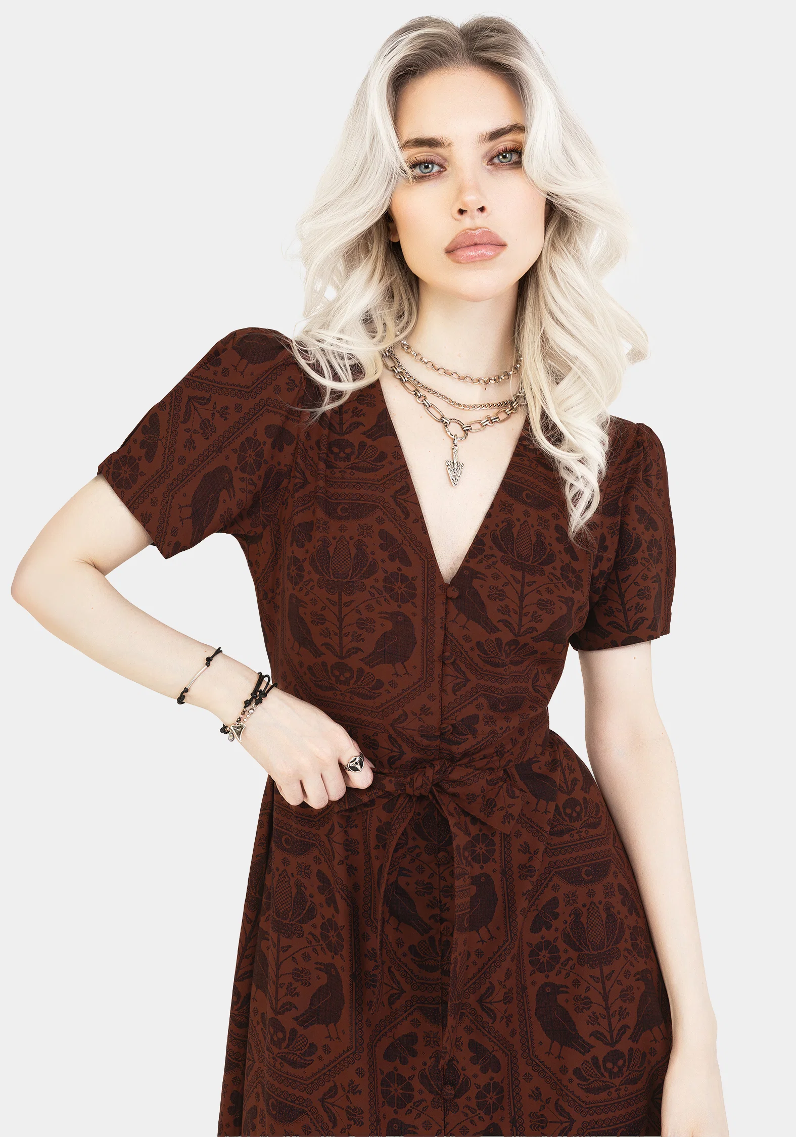 Annabel Raven Print Button Up Midi Dress - Rust - Image 5