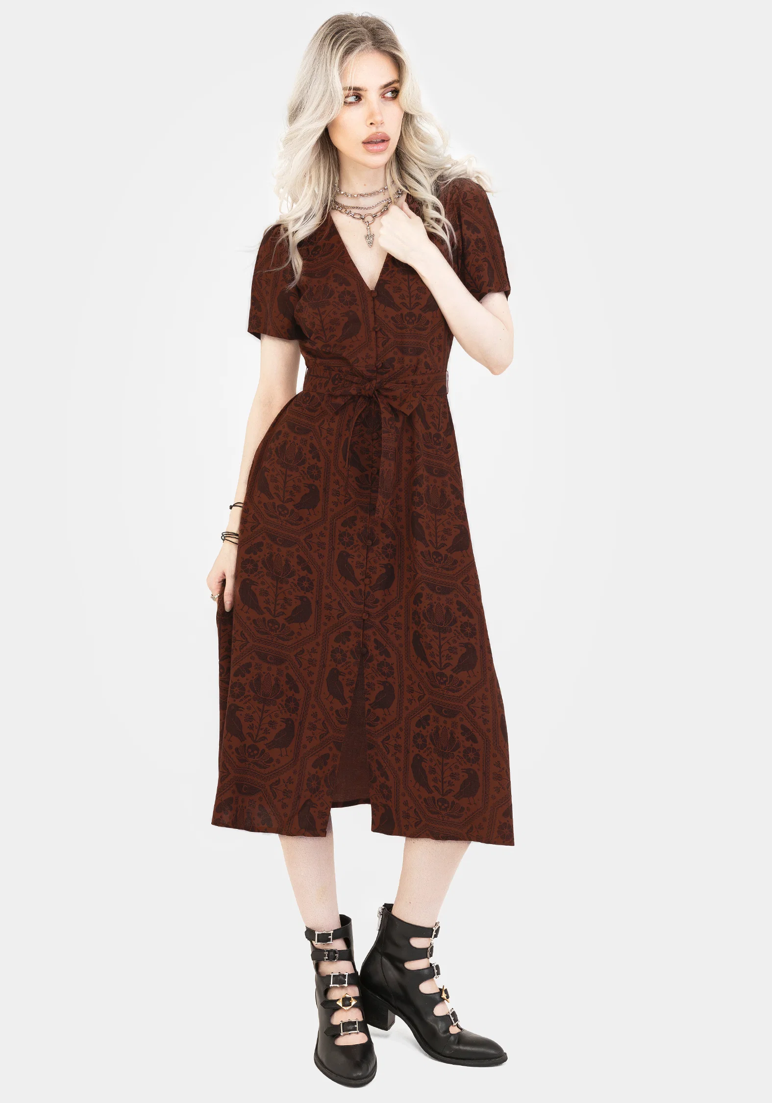Annabel Raven Print Button Up Midi Dress - Rust - Image 6