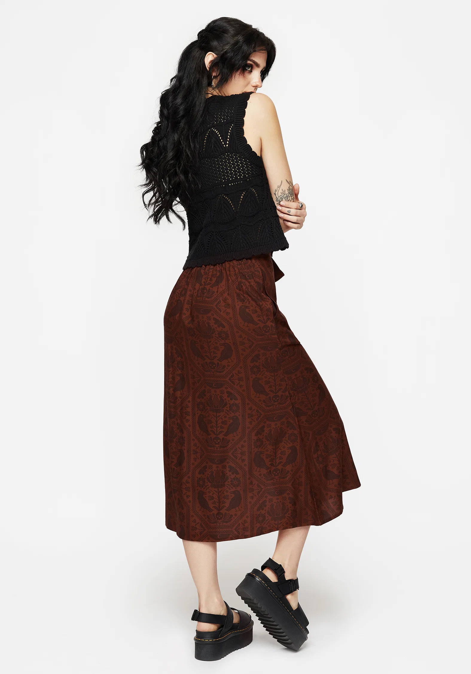 Annabel Raven Print Split Front Midi Skirt - Rust - Image 3