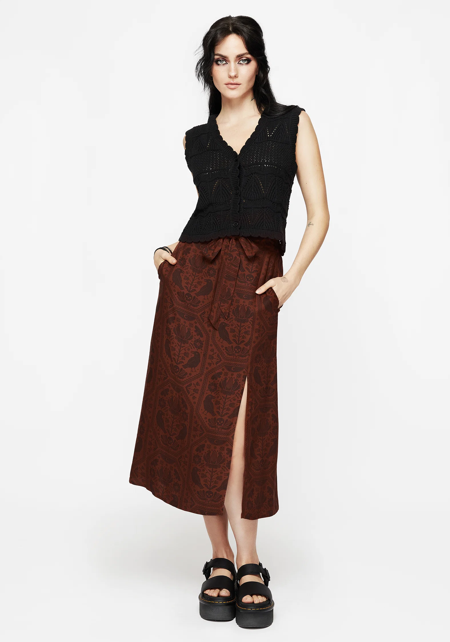 Annabel Raven Print Split Front Midi Skirt - Rust - Image 4