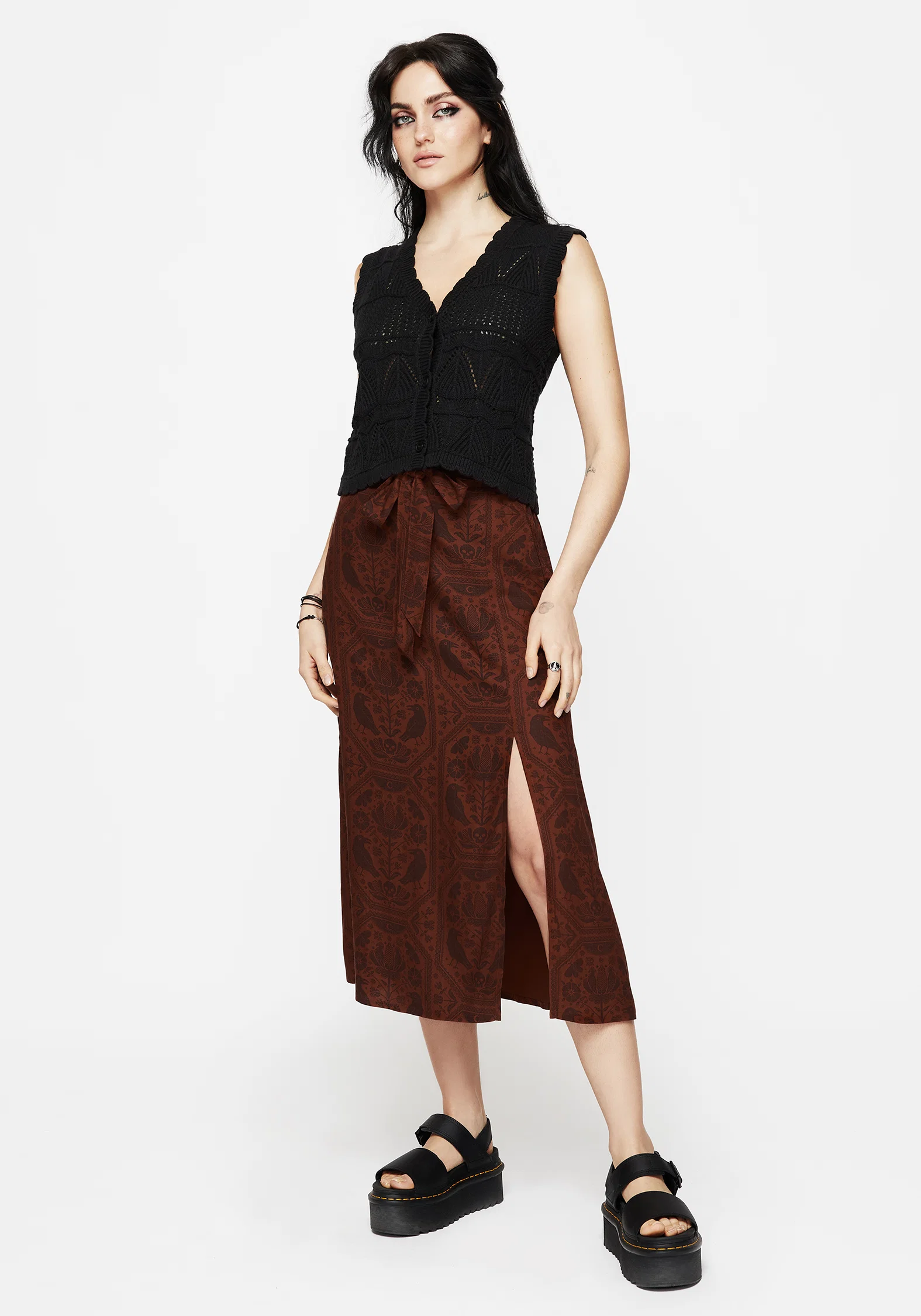 Annabel Raven Print Split Front Midi Skirt - Rust - Image 5
