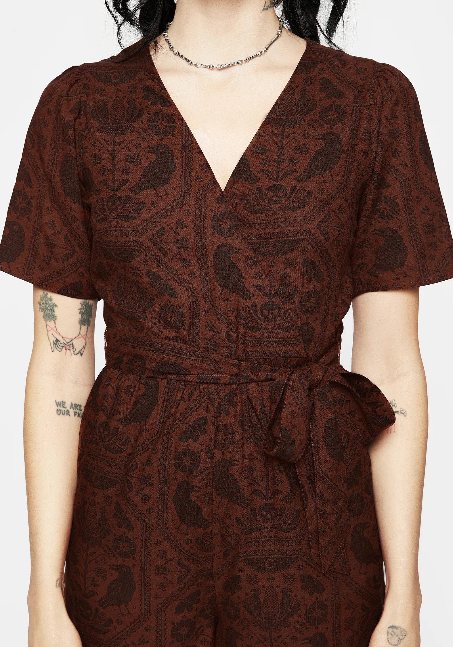 Annabel Raven Print Tie Waist Playsuit - Rust - Image 2