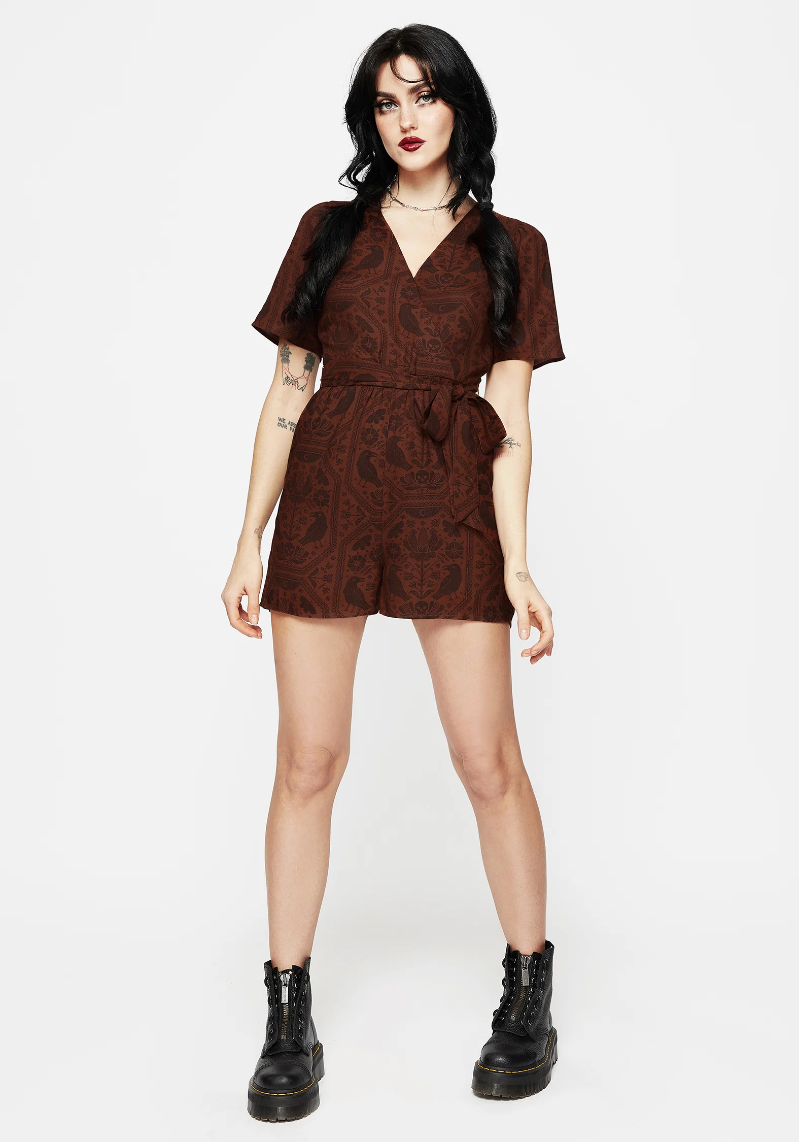Annabel Raven Print Tie Waist Playsuit - Rust - Image 3