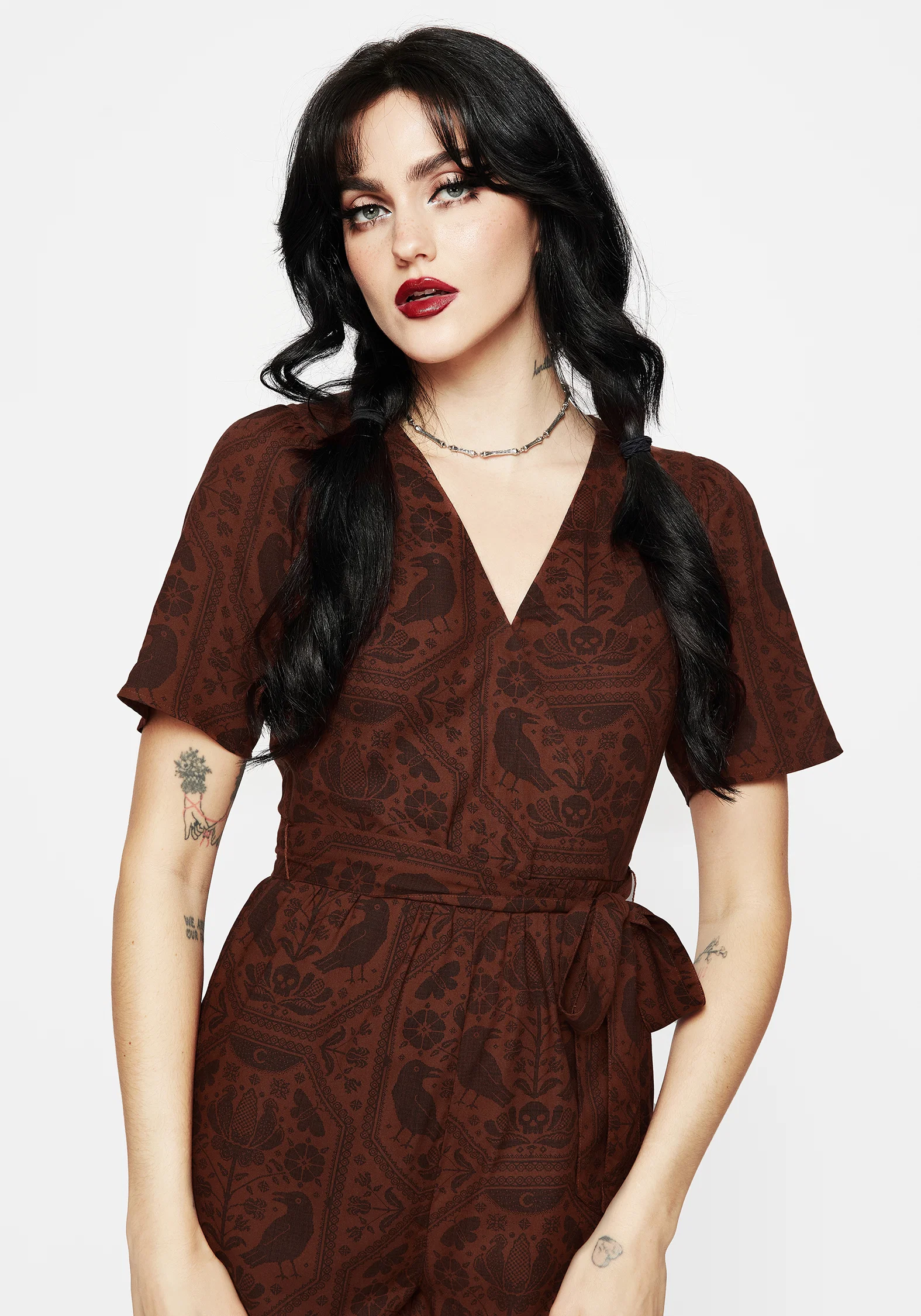Annabel Raven Print Tie Waist Playsuit - Rust - Image 6