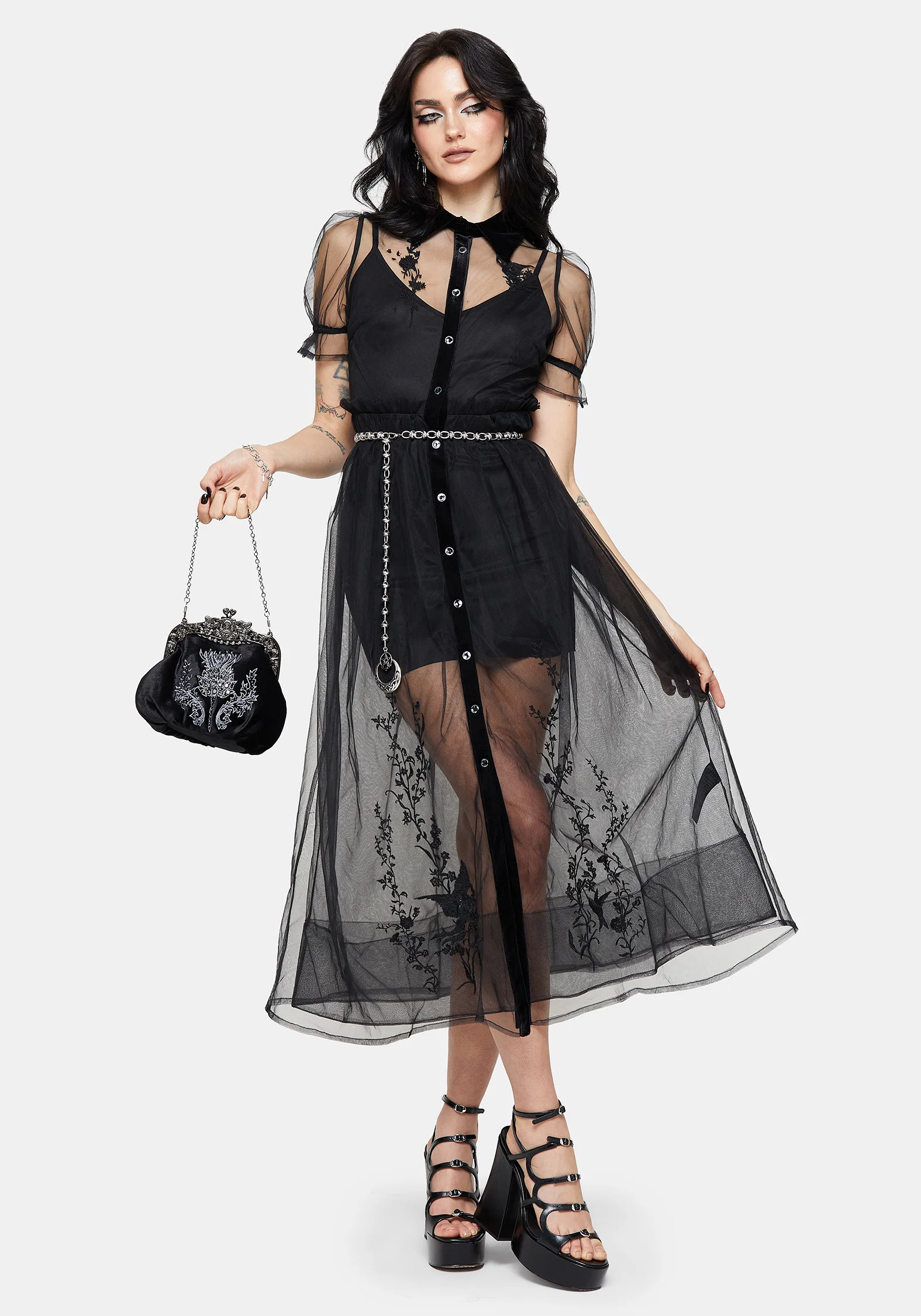 Aria Embroidered Tulle Button Up Midaxi Shirt Dress - Image 4