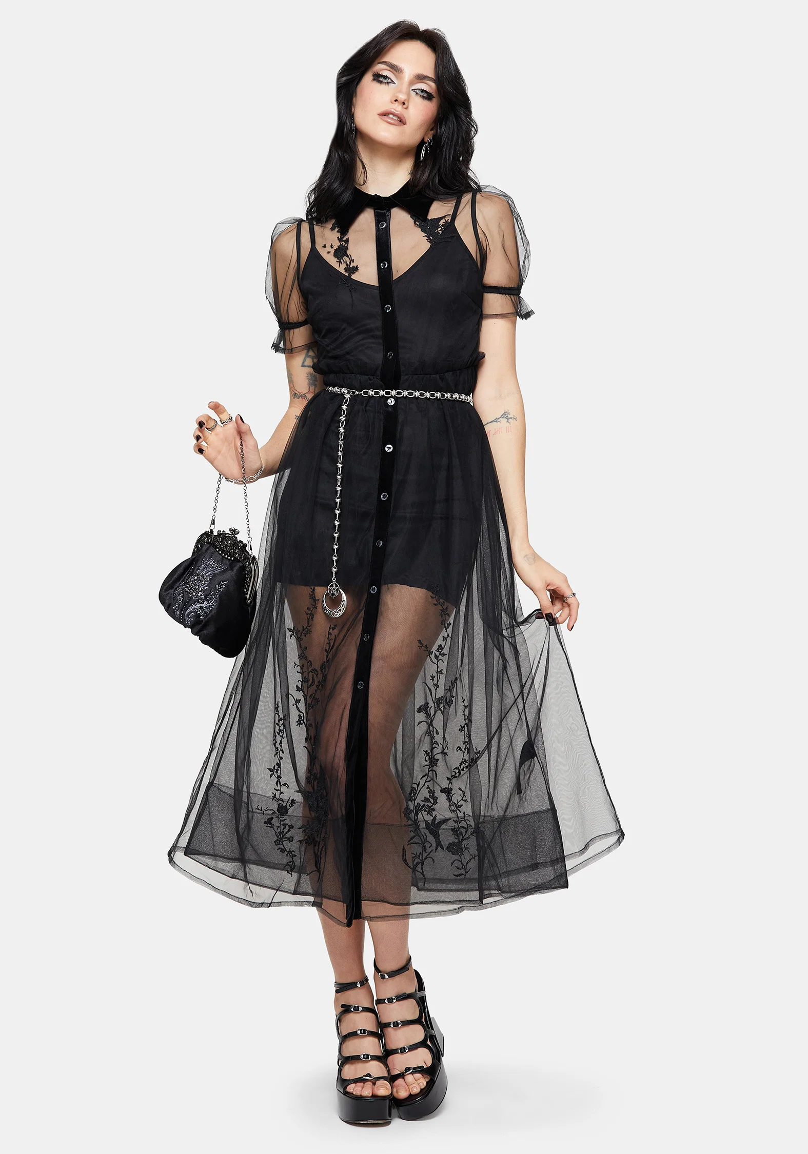 Aria Embroidered Tulle Button Up Midaxi Shirt Dress - Image 8