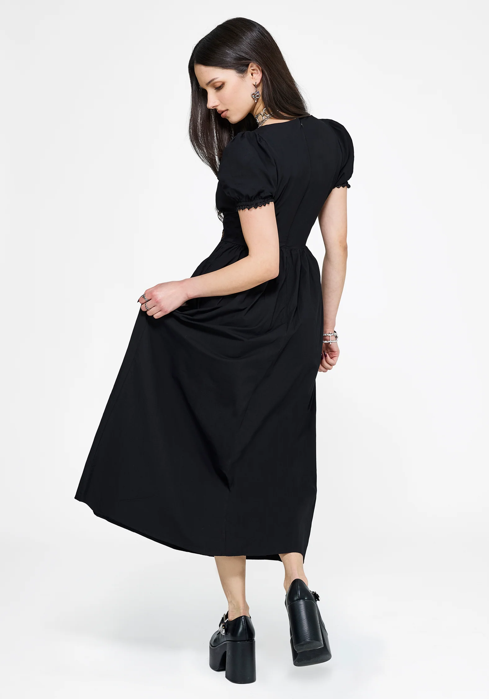 Arianwen Embroidered Puff Sleeve Midaxi Dress - Black - Image 3