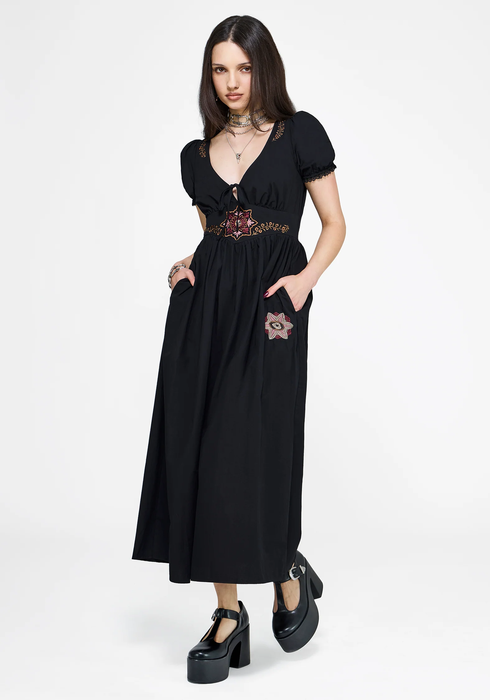 Arianwen Embroidered Puff Sleeve Midaxi Dress - Black - Image 5